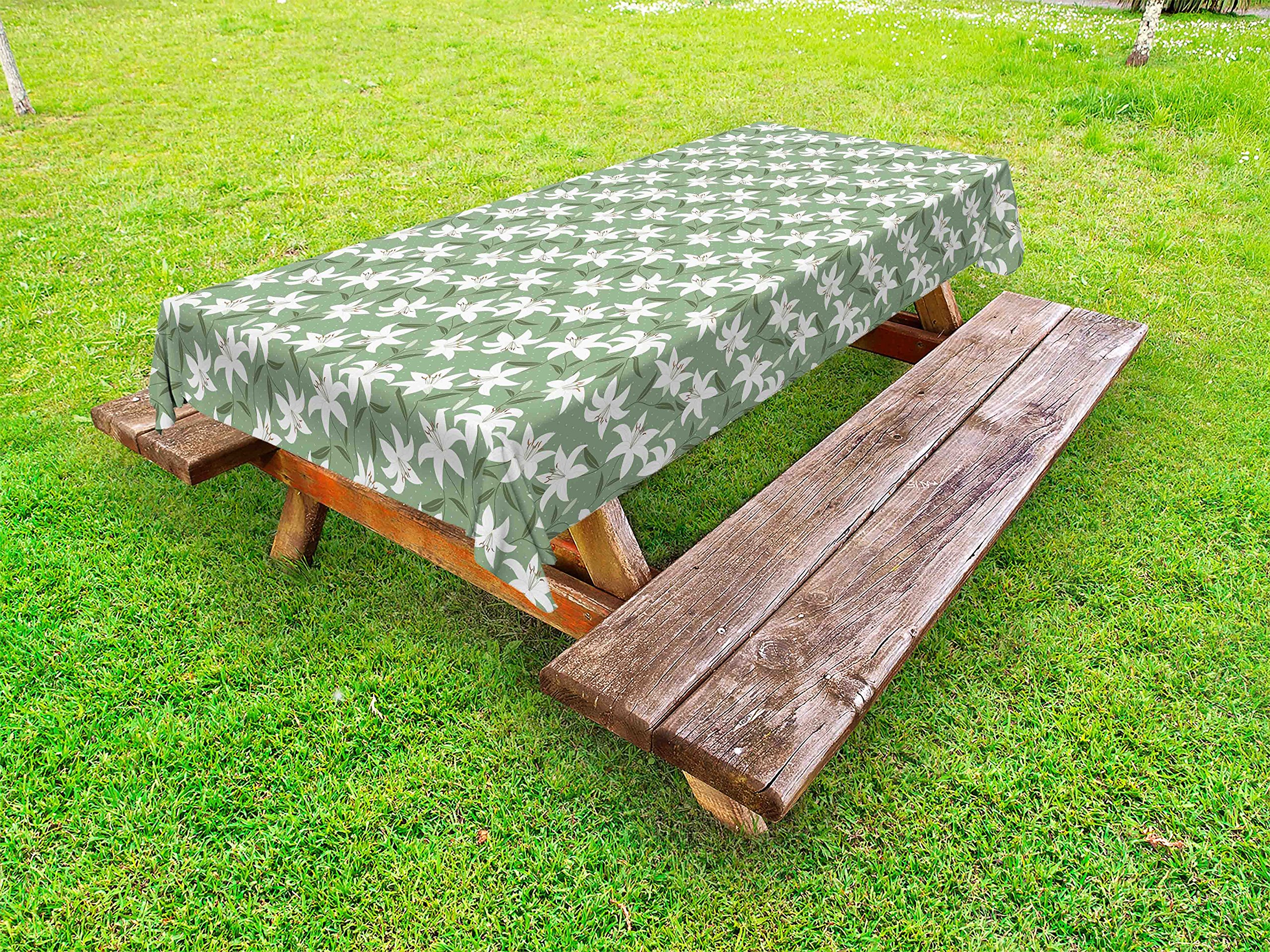 Ambesonne Romantic Floral Outdoor Tablecloth - Lilly Bouquet Valentine's Day Design on Polka Dot Background, Washable Picnic Table Cover 58x84 Inches in Pistachio Green & White - Perfect for Garden Parties, Picnics, and Outdoor Dining