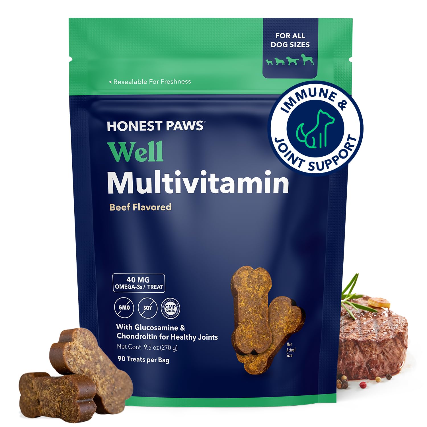 **Honest Paws Dog Multivitamin Soft Chews for Joint Health & Mobility - Glucosamine, Chondroitin & Omega-3 - Supports Healthy Coat, Immune System, Heart & Eyes - Beef Flavor - Perfect for Active & Senior Dogs**