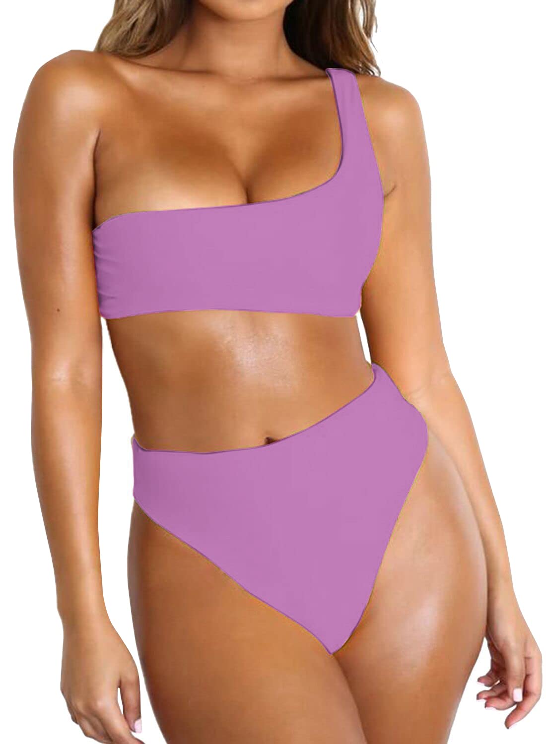 Byoauo Women's One Shoulder Bikini Top & High Waisted Bottom 2 Piece Swimsuit - Sexy Summer Beachwear for Pool Party, Vacation & Tropical Getaway