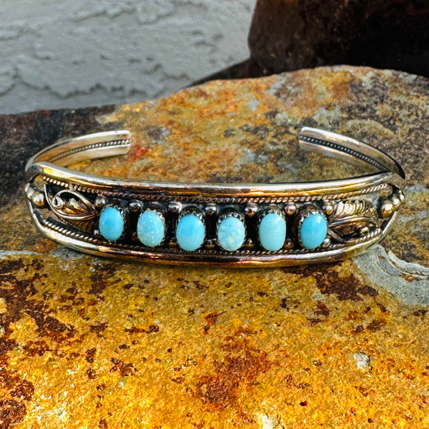 Authentic Sterling Silver Navajo Turquoise Row Bracelet for Women | Handmade Native American Jewelry | Perfect for Boho, Western & Everyday Wear