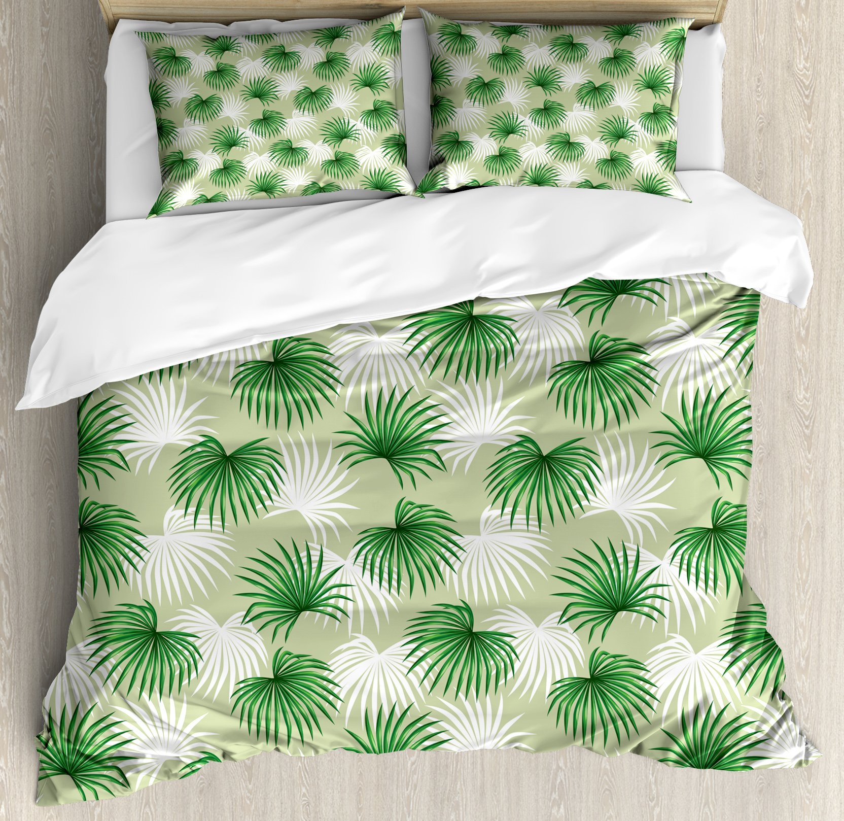 Ambesonne Tropical Leaf Duvet Cover Set - King Size 3-Piece Bedding with 2 Pillow Shams, Palm Tree Livistona Rotundifolia Island Jungle Foliage Design in Green, Pale Green & White | Perfect for Beach House, Boho Bedroom or Tropical Theme Decor