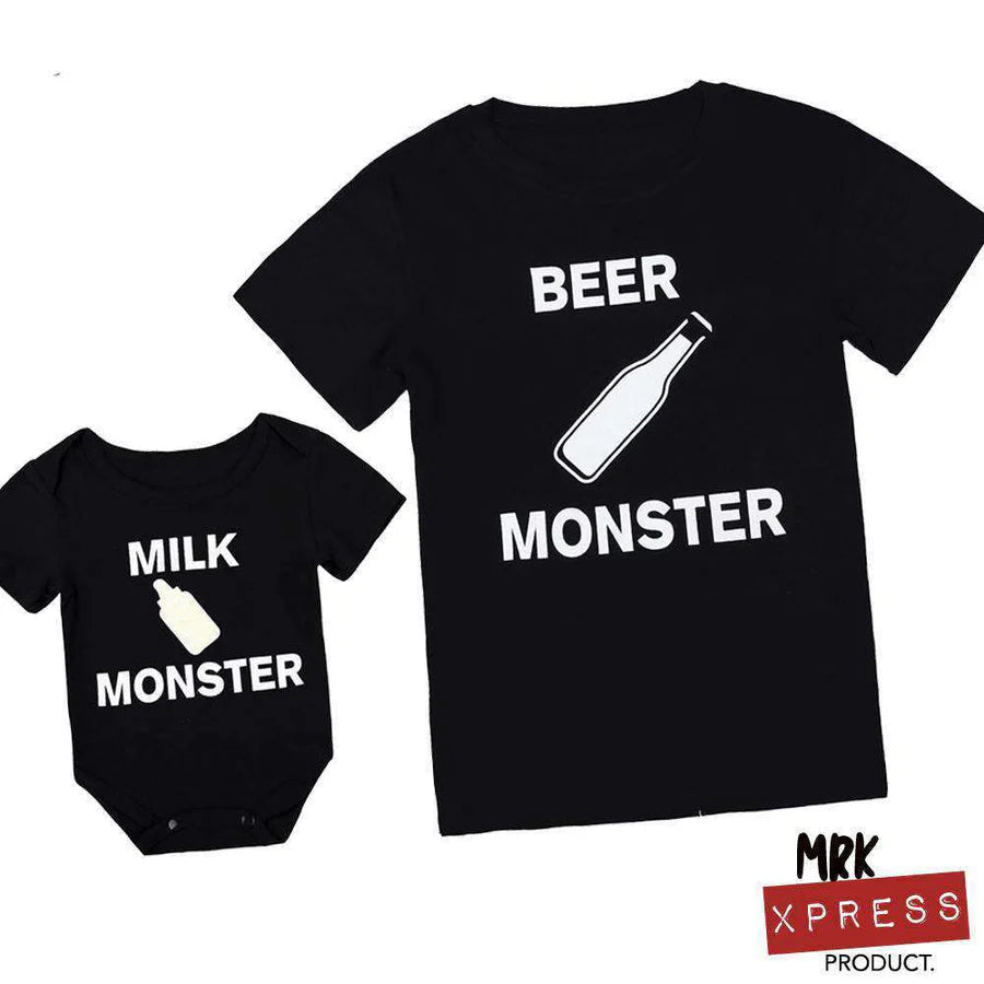CLR Beer Monster & Milk Monster Matching Father and Baby Black T-Shirts (MRK X) - Perfect for Family Outfits, Father's Day Gifts, and Photo Shoots
