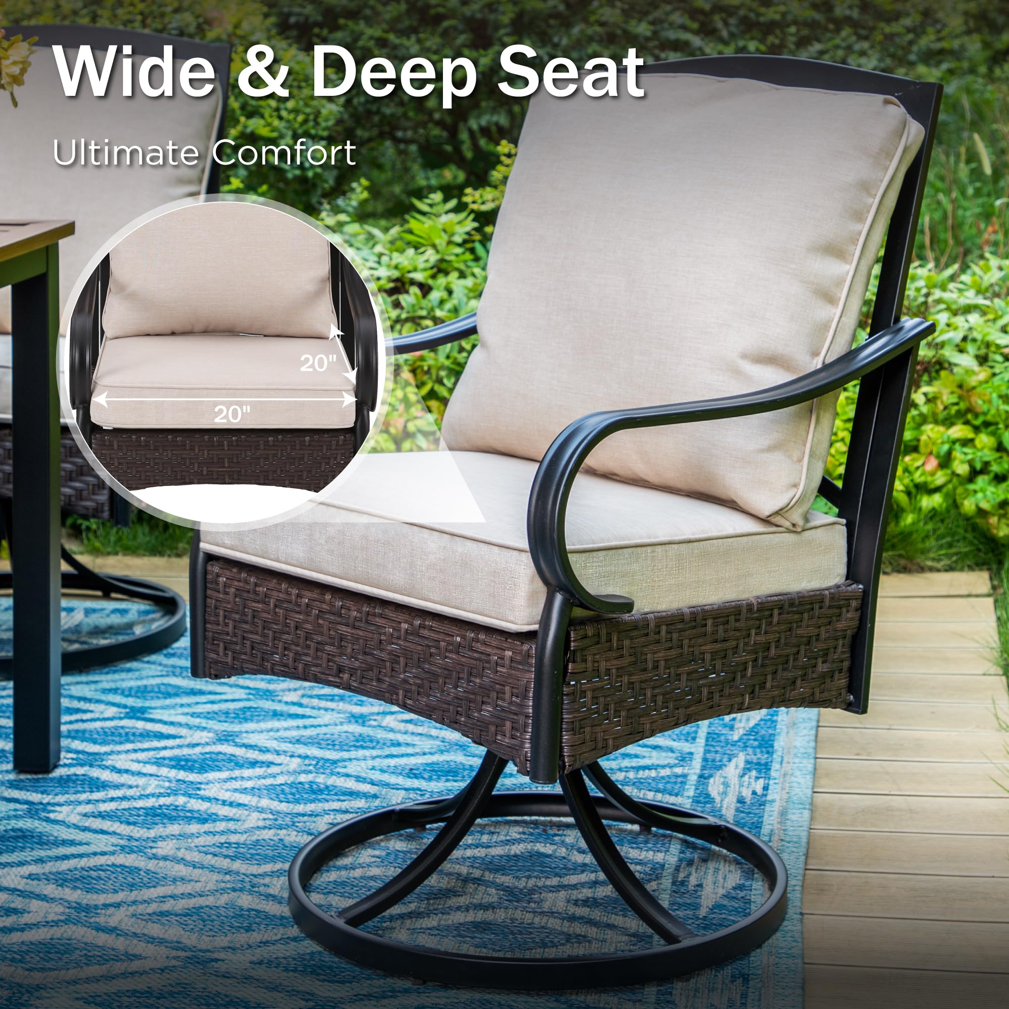 PHI VILLA 6-Piece All-Weather Outdoor Dining Set - Heavy Duty Square Patio Table with 4 XL Swivel Chairs & Thick Cushions - Includes Umbrella - Perfect for Backyard, Deck, Garden & Poolside Entertaining