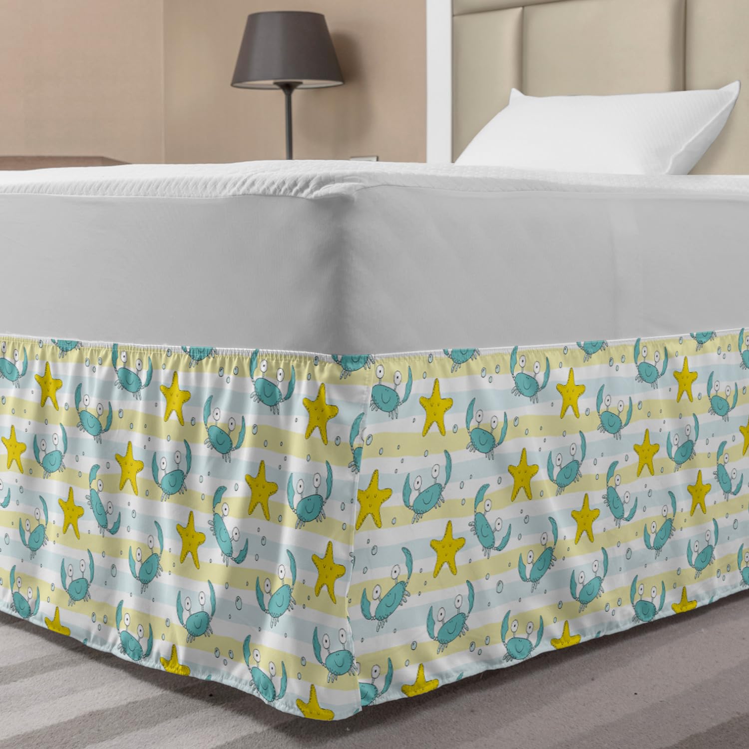 Ambesonne Marine Elastic Bed Skirt - Ocean Theme with Crabs, Starfish, Bubbles & Lines - Full Size Wrap Around Dust Ruffle for Bedroom - Yellow Seafoam - Perfect for Beach House Decor & Coastal Style Bedrooms
