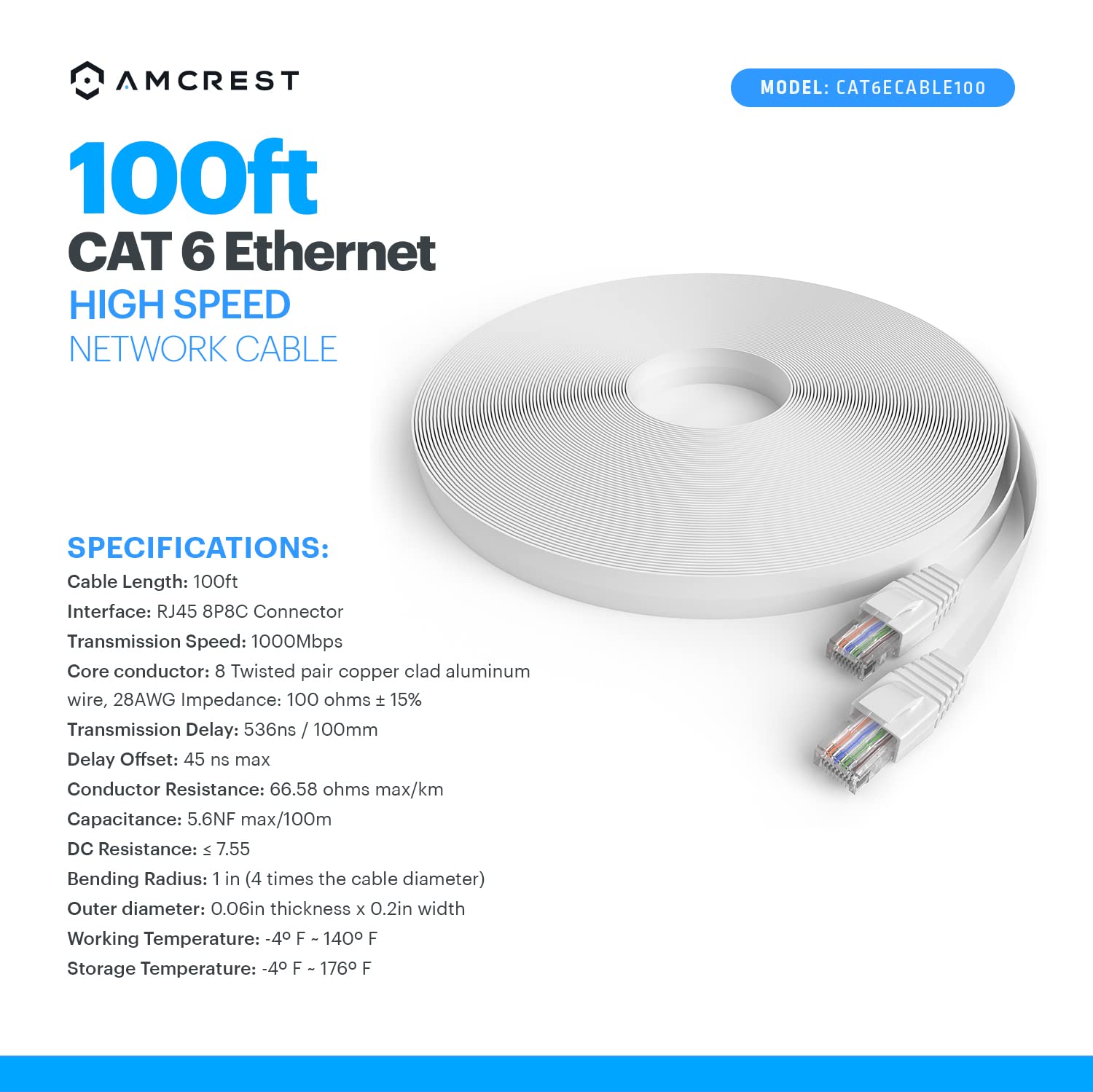 Amcrest CAT6E 4K-Rated 100ft Ethernet Cable - High-Speed PoE Network Cable for Security IP Cameras, Gaming Consoles & Smart Devices | Perfect for Home Office, Gaming Setup & Smart Home Installation (CAT6ECABLE100)