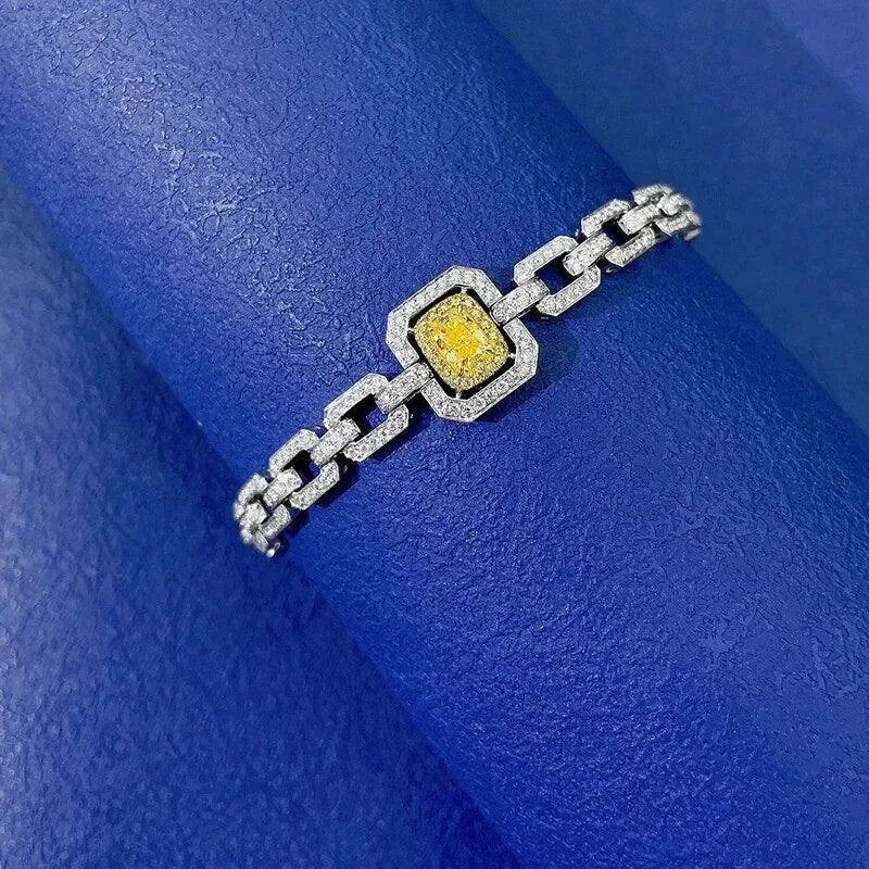 18K White Gold Bracelet with Natural Yellow Diamonds - Luxury Geometric Jewelry for Women - Perfect for Senior Banquets, Weddings & Special Occasions
