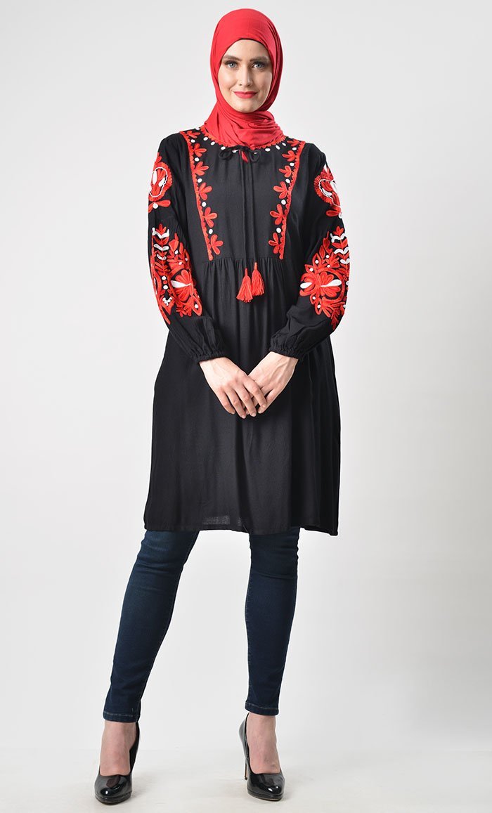 Classic Heavy Embroidered Black Tunic Top for Women - Elegant Boho Blouse for Casual Wear, Parties & Special Occasions