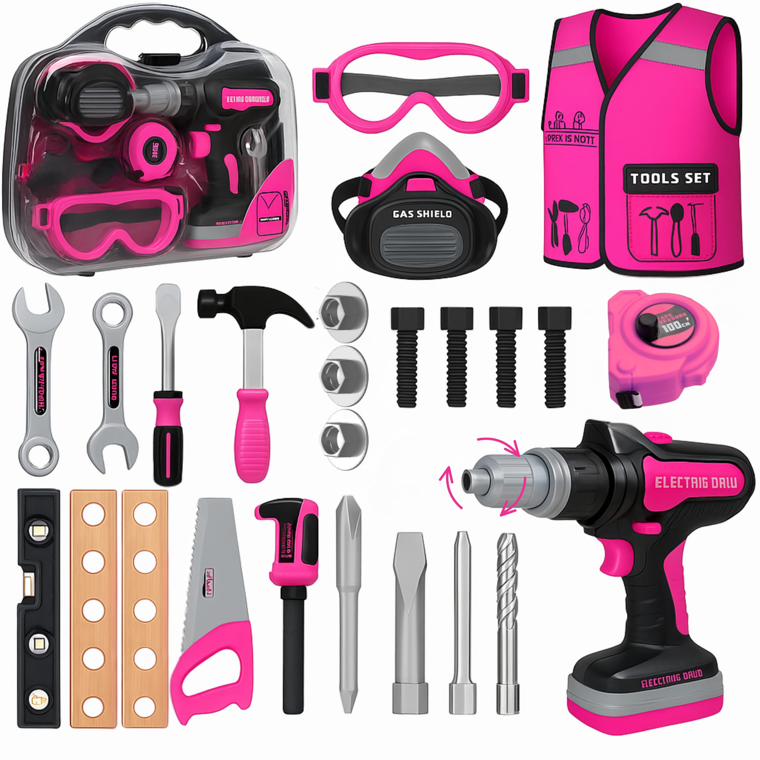 **Kids Tool Set with Electric Drill - 24-Piece Construction Toy Kit for Toddlers Ages 3-6 (Pink) - Includes Screwdriver, Nuts, Bolts & Toolbox - STEM Learning Gift for Boys & Girls - Perfect for Pretend Play & DIY Projects**