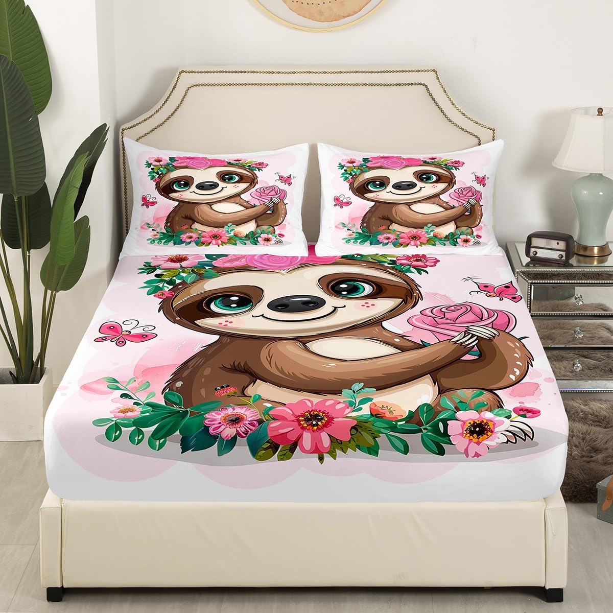 Feelyou Sloth Bed Sheets Set - Twin Size Super Soft Rose Floral Cartoon Sloth Print Bedding for Girls & Kids (3-Piece Set) - Perfect for Children's Bedrooms, Sleepovers & Cozy Nursery Decor
