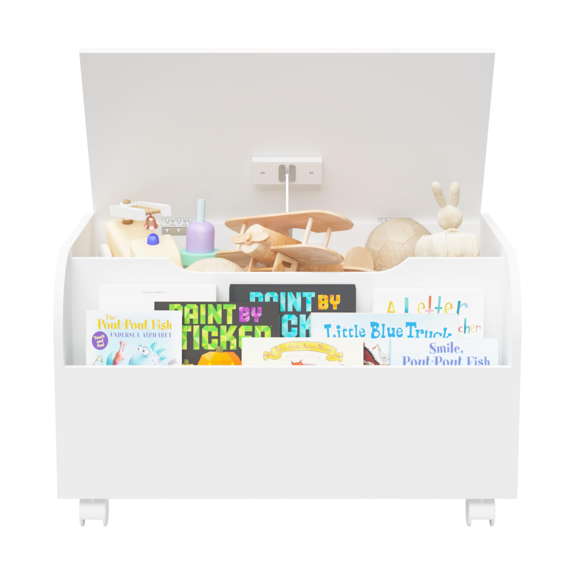 **Wooden Toy Chest with Bookshelf & Storage Organizer – Flip-Top Lid, Safety Hinge, 4 Universal Wheels – Kids Toy Box for Playroom & Bedroom Organization (White) – Perfect for Boys & Girls Toys, Books & Room Decor**