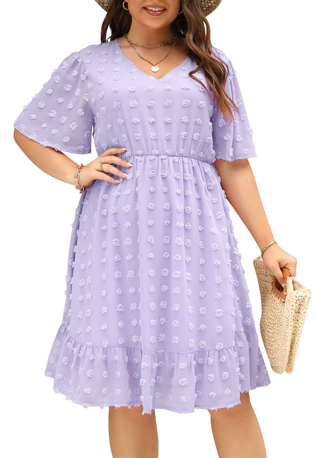 Keluummi Plus Size Wedding Guest Casual Dresses for Curvy Women - Summer Swiss Dot Chiffon Midi A-Line Cocktail Dress | Perfect for Bridal Showers, Garden Parties & Formal Events