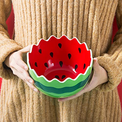 123Arts Hand-Painted Ceramic Watermelon Salad Bowl - 6.4 Inch Multifunctional Serving Dish for Noodles, Soup, Dessert & Fruit | Perfect for Kitchen, Dining & Party Entertaining
