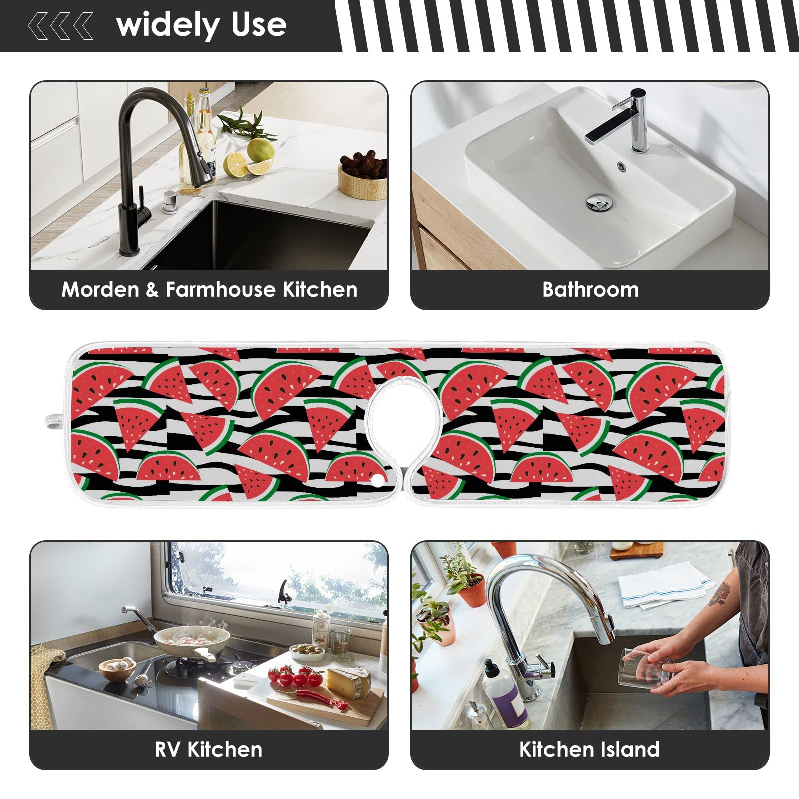 **Non-Slip Watermelon Black Seeds Strips Kitchen Sink Faucet Mat - 2 Pack Absorbent Drip Catcher & Splash Guard for Dish Drying, Counter Protection - Perfect for Bar, Bathroom, RV (14.9 x 5.5 Inches)**    *(Use Scenes: Ideal for kitchen sinks, bathroom counters, RV sinks, and bars to prevent water splashes and protect surfaces.)*
