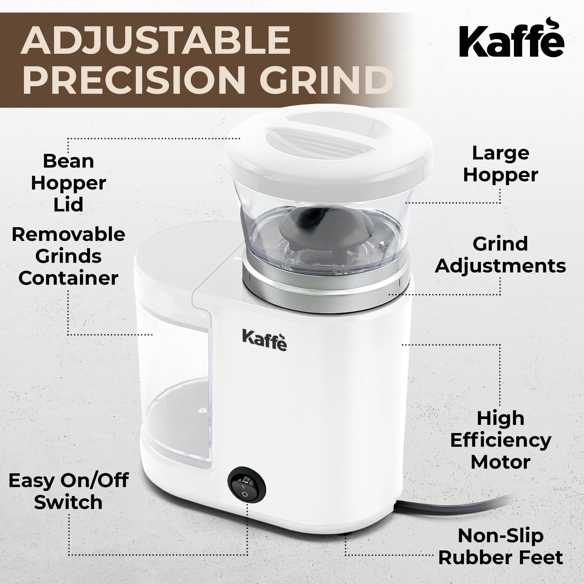 Premium Kaffe Electric Burr Coffee Grinder 5.5oz - Adjustable Coarseness Settings & Flat Burr Design - Upgraded Motor for Consistent Grinding - Perfect for Espresso, French Press & Drip Coffee - Ideal Home Coffee Bean Grinder (White)