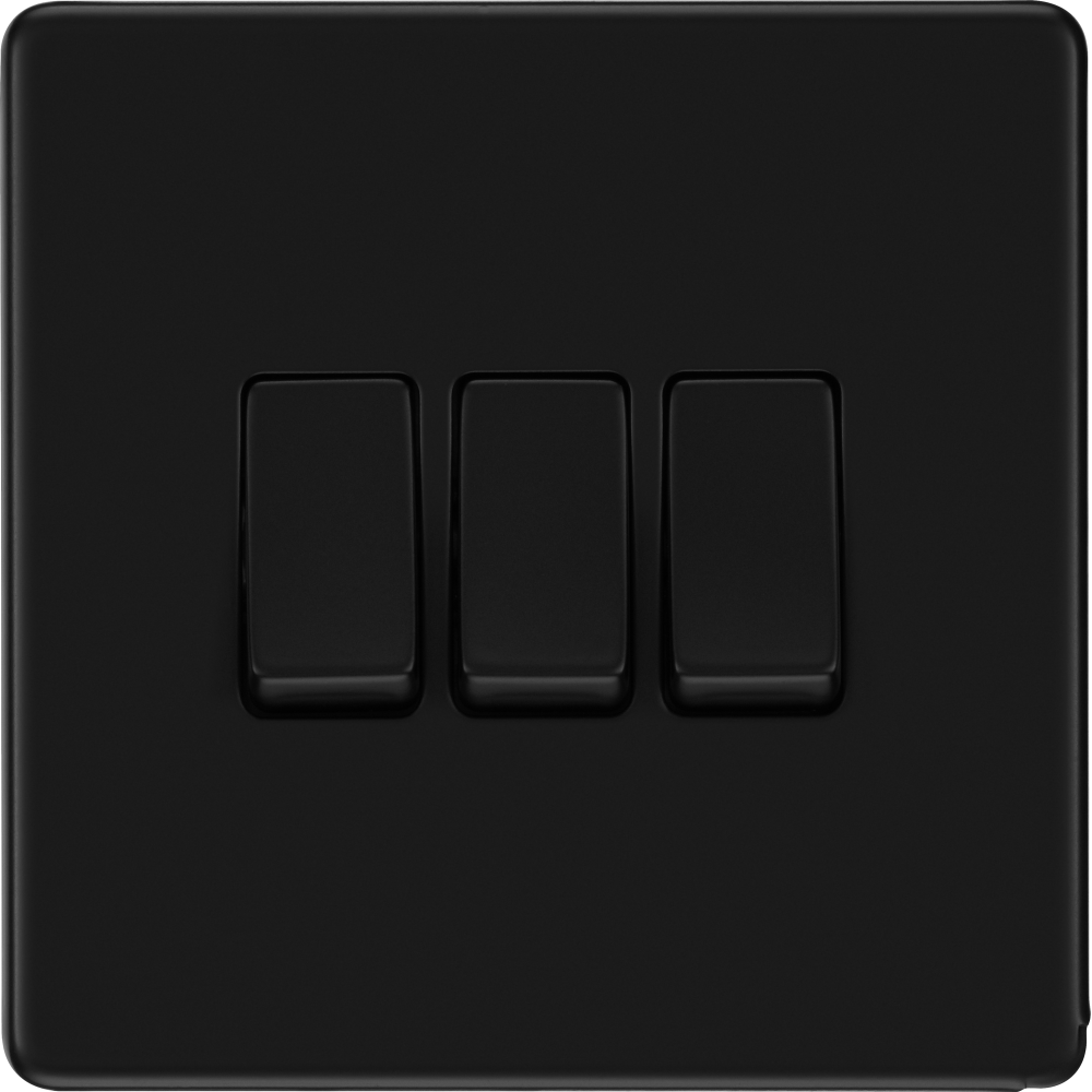 BG Flatplate Screwless Matt Black 3G 2W Light Switch FFB43 - Modern Electrical Switch for Home & Office Lighting Control
