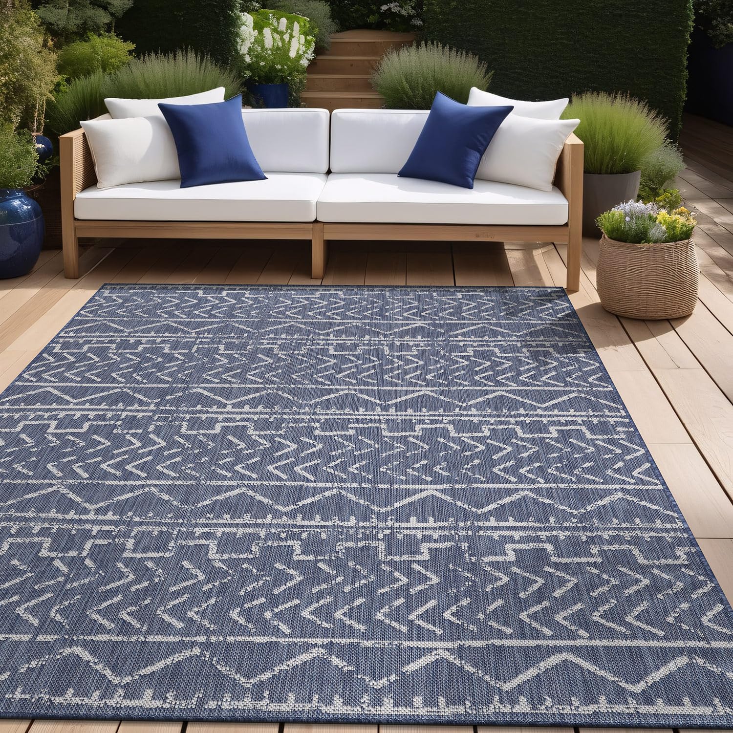 Beverly Rug Waikiki 8x10 Indoor Outdoor Washable Carpet - Water Resistant Blue & White Area Rug for Patio, Deck, Porch, Trellis | Perfect for Backyard, Poolside & Beach House Decor