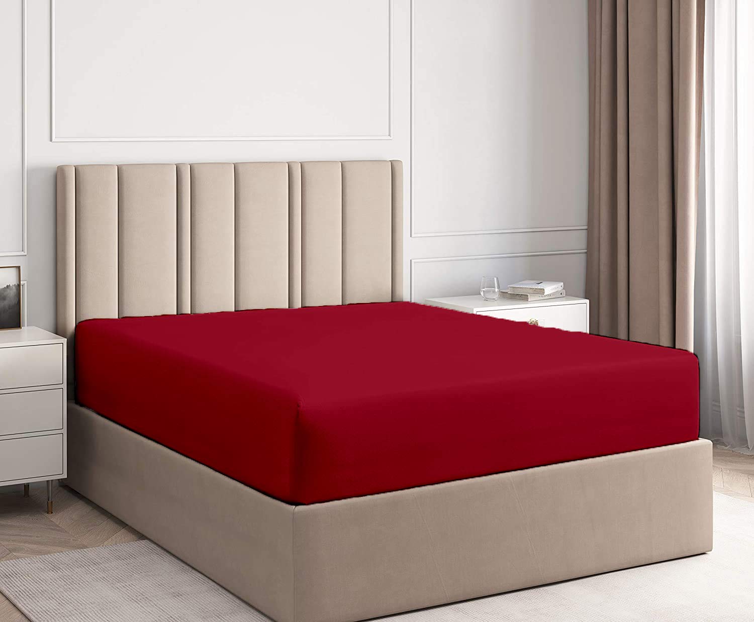 Queen Size Fitted Bottom Sheet - 100% Cotton Deep Pocket (21'') Wrinkle Free - 60 x 80 Inches Burgundy - Perfect for Queen Beds, Guest Rooms & Dorm Use