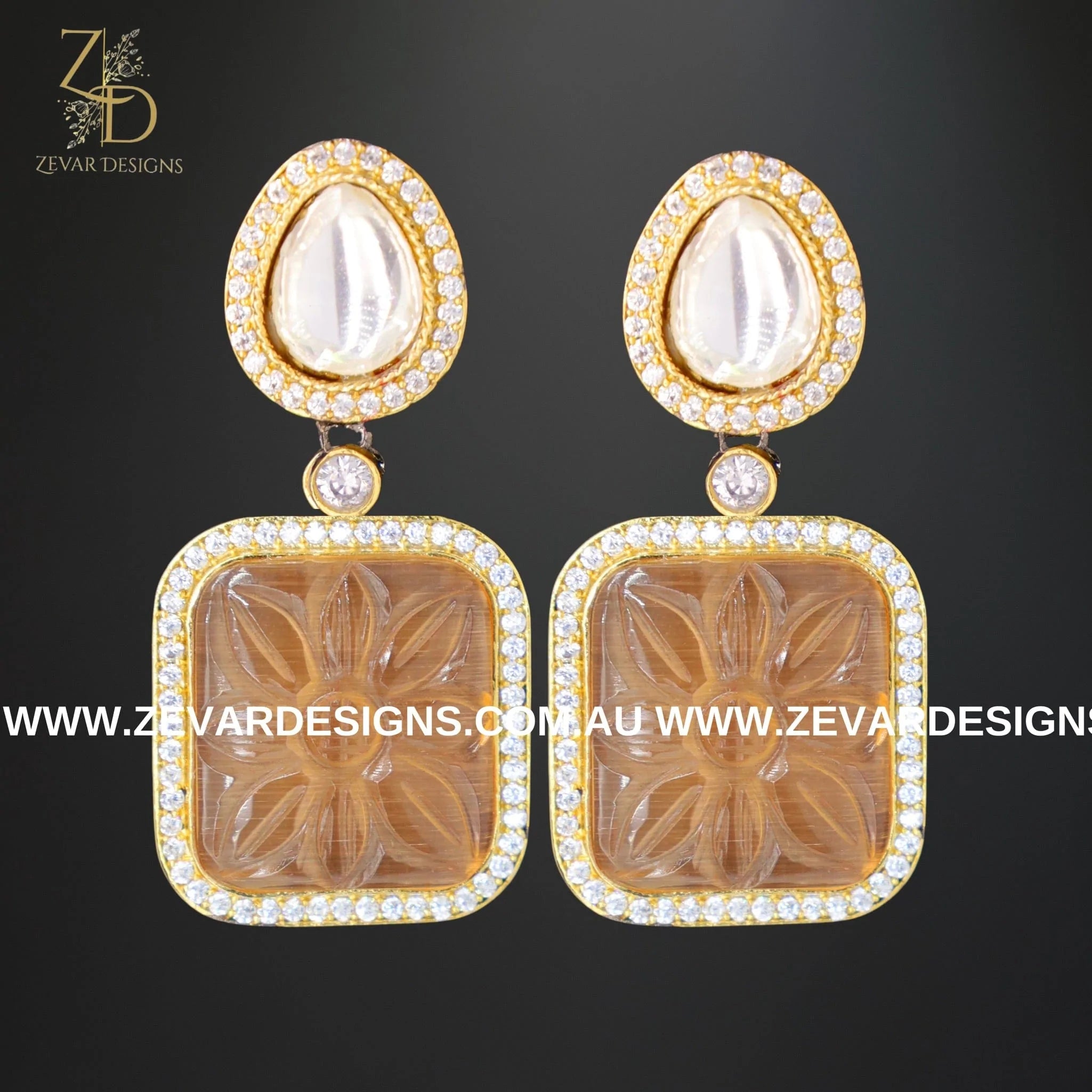 Exquisite Kundan AD Earrings with Hand-Carved Peach Stone – Perfect for Weddings, Parties & Ethnic Fashion