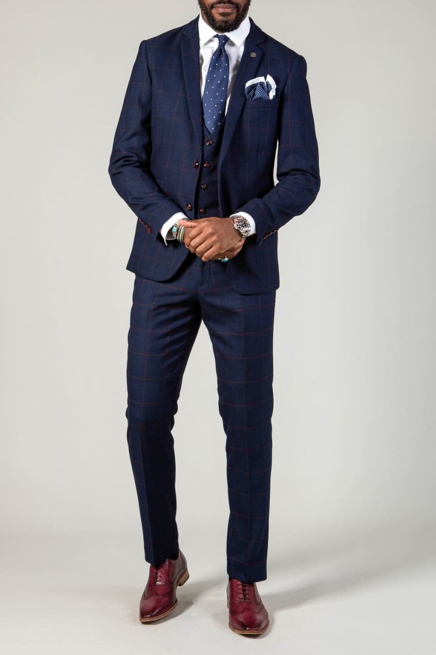 Marc Darcy Edinson Navy Check Three Piece Suit for Men - Premium Wool Blend Business Formal Attire - Perfect for Weddings, Office Meetings & Special Occasions