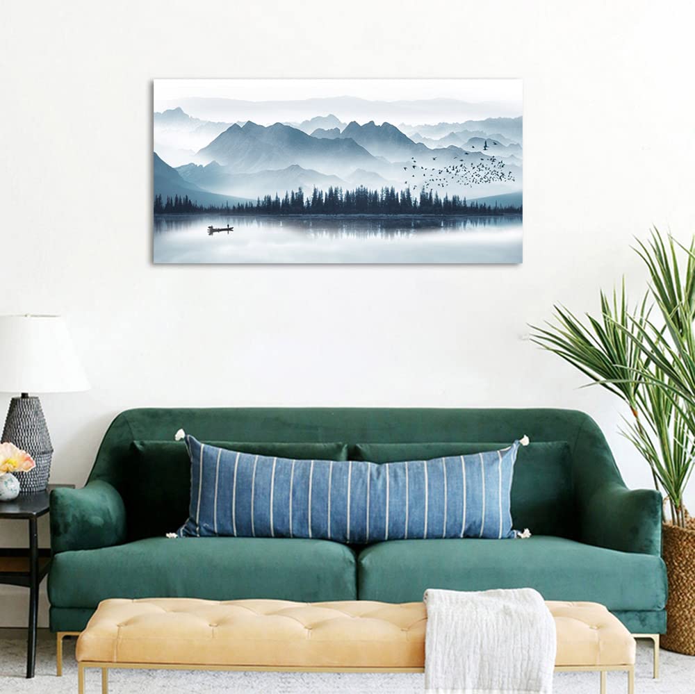 arteWOODS Indigo Misty Mountain Lake Canvas Wall Art - 20x40 Inch Blue Grey Forest Landscape Painting with Birds, Boat & Fog - Modern Nature Scenery for Living Room, Bedroom & Office Decor