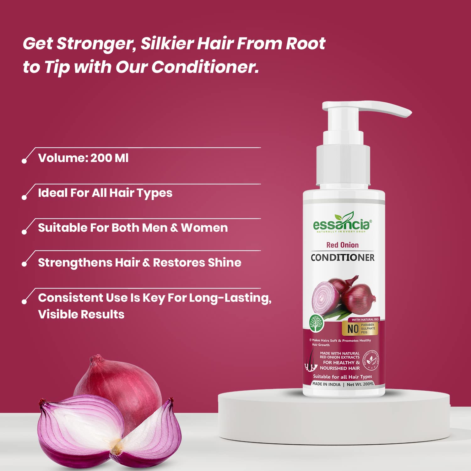Essencia Red Onion Hair Conditioner - Sulfate Free & Paraben Free for Stronger, Silkier Hair Growth - 200ml for Men & Women - Perfect for Damaged Hair Repair & Daily Hair Care Routine