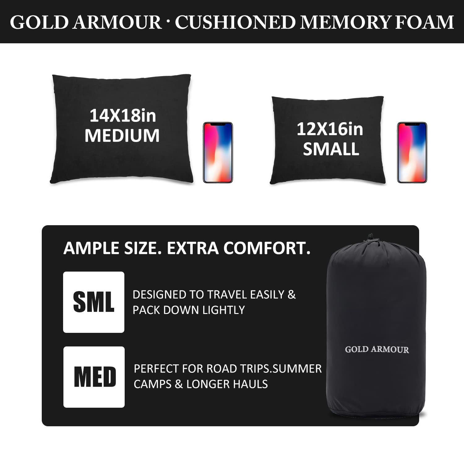 Gold Armor Memory Foam Camping Pillow - Compact & Compressible Travel Pillow for Backpacking, Hammock, Hiking - Outdoor Gear for Adults & Kids (12x16in, Black) - Perfect for Camping Trips, Road Travel & Airplane Use