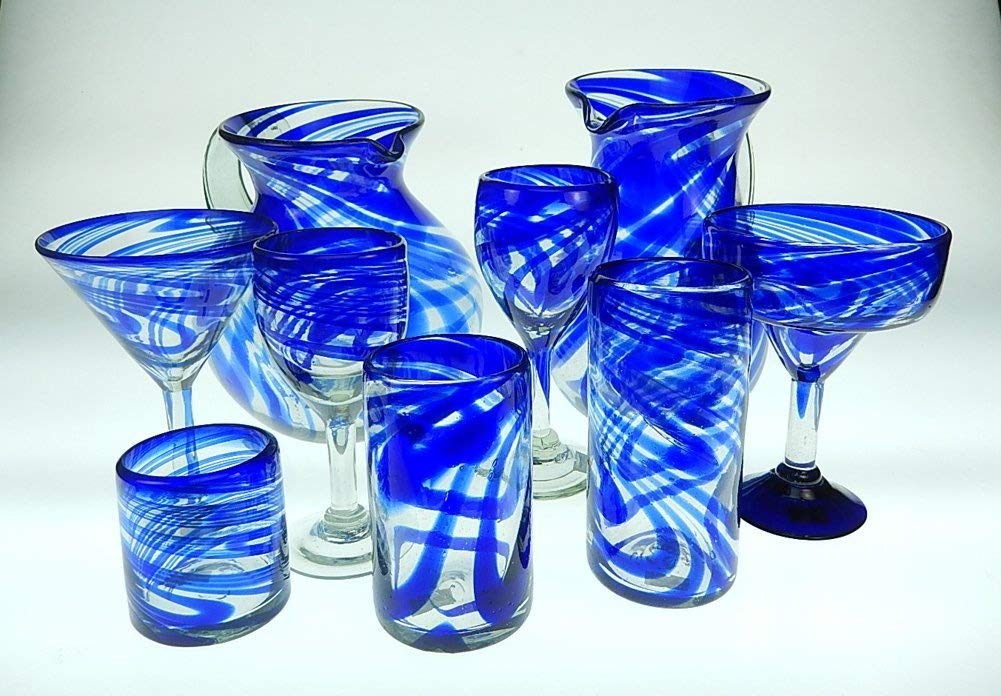 Hand Blown Blue Swirl Glass Pitcher Set with Display Rack - 6 Piece Barware Collection for Iced Tea, Lemonade & Cocktail Serving - Perfect for Home Entertaining, Restaurants & Weddings