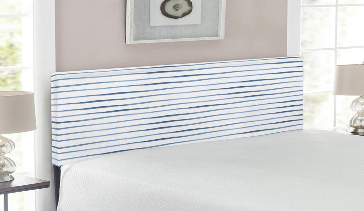 Ambesonne Nautical Stripe Headboard - Queen Size Upholstered Bed Headboard with Memory Foam, Abstract Ocean Brushstroke Design in Night Blue & White | Perfect for Coastal, Beach House & Nautical Theme Bedrooms