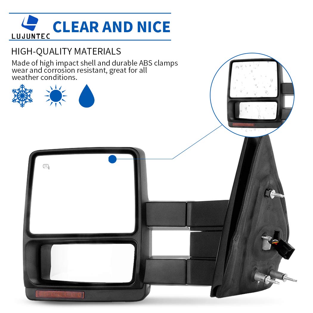 LUJUNTEC Power Heated Towing Mirrors with Turn Signal Light - Replacement for 2004-2015 Ford F-150 Pickup Truck (Driver Left & Passenger Right Side, Chrome) - Perfect for Towing, Night Driving & Winter Conditions