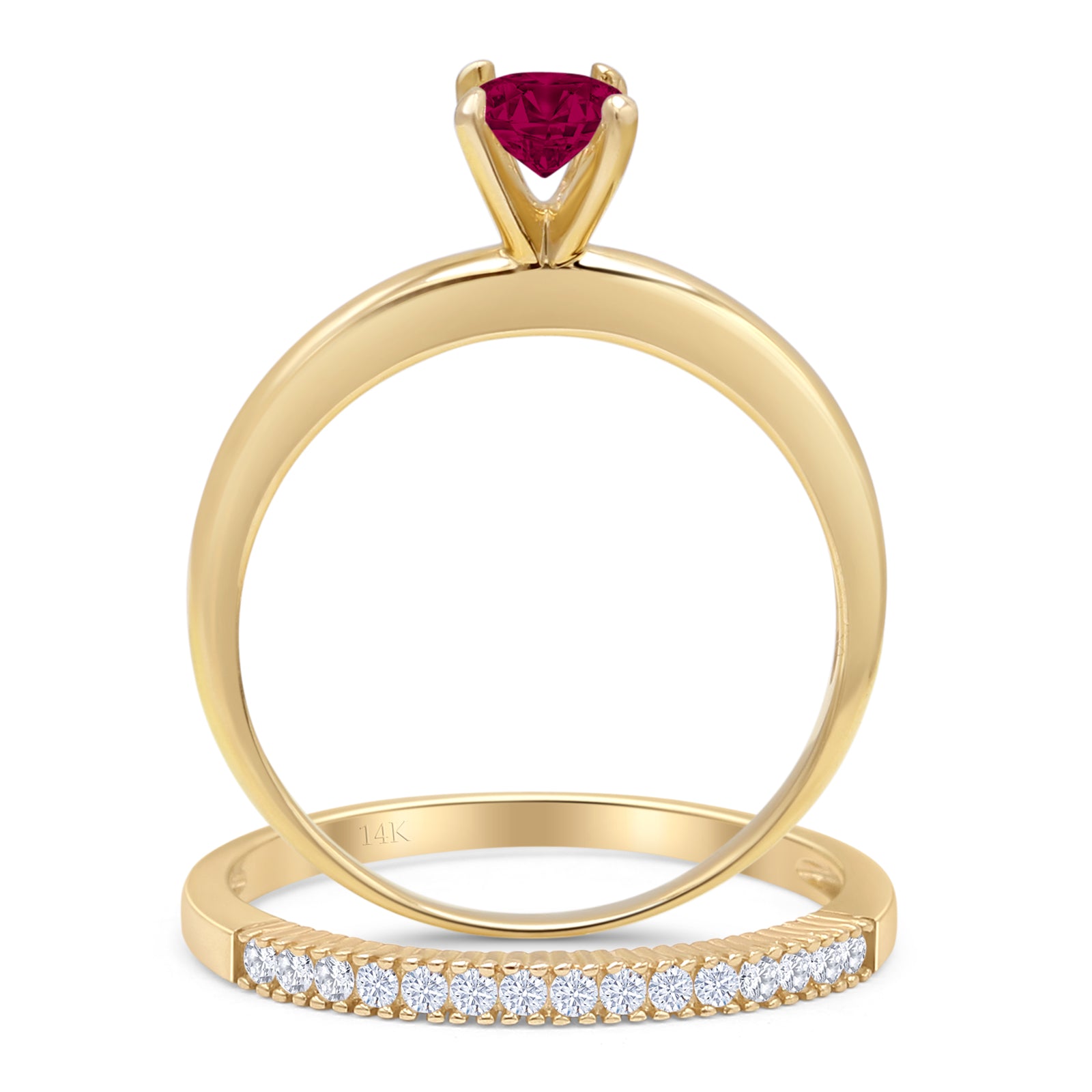 14K Yellow Gold Two-Piece Round Solitaire Half Eternity Band Ruby CZ Bridal Wedding Ring Set - Perfect for Engagement, Anniversary Gifts & Bridal Jewelry