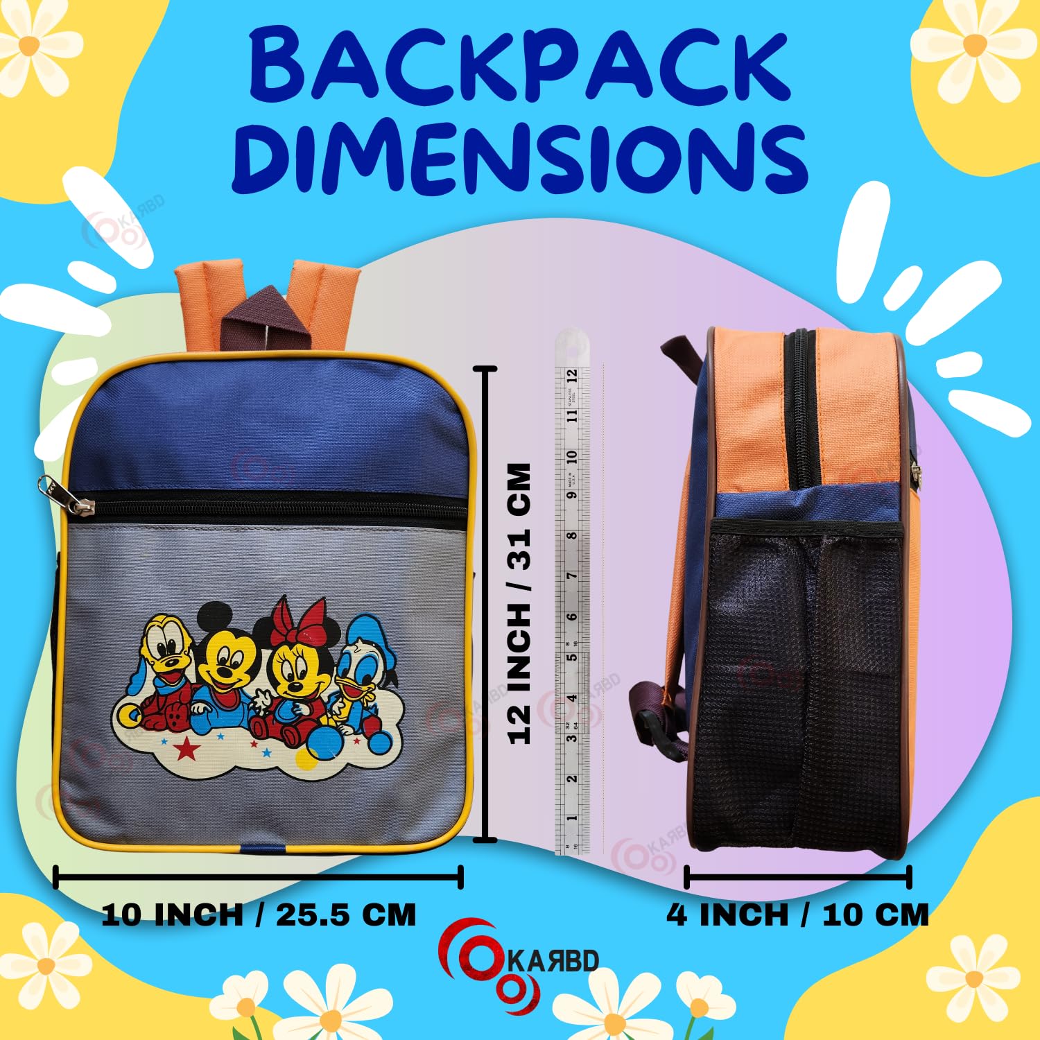 KARBD 12 Inch Mickey Mouse Backpack for Boys & Girls - Kids School Bag with Multiple Pockets, Compartments & Bottle Holder - Lightweight Durable Toddler Backpack (Grey Blue) - Perfect for School, Travel & Daycare