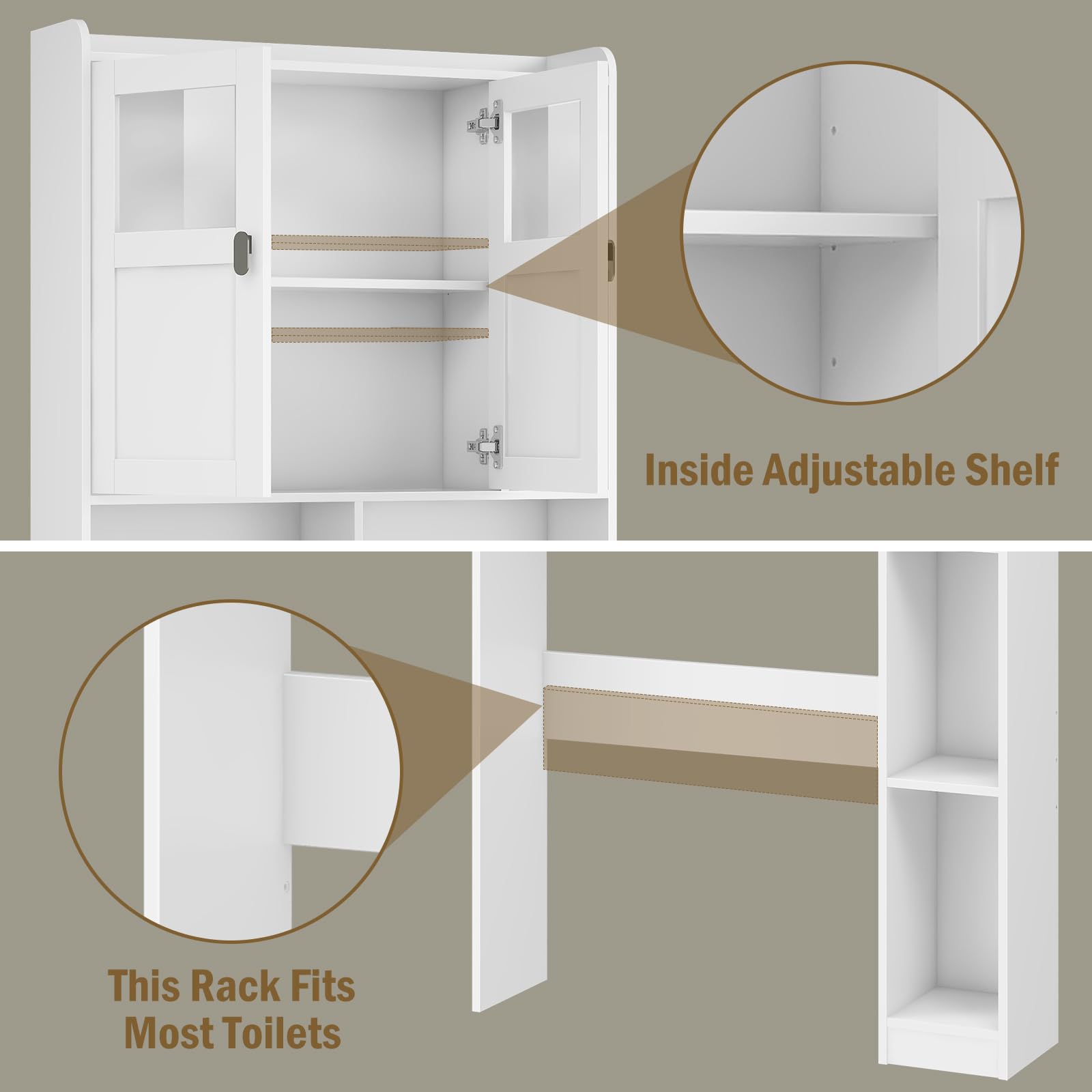 Over The Toilet Storage Cabinet with Glass Doors & Adjustable Shelves - White Freestanding Bathroom Shelf for Small Spaces | Perfect for Restroom, Bathroom & Laundry Organization | Space-Saving Toilet Rack for Apartments & Compact Homes