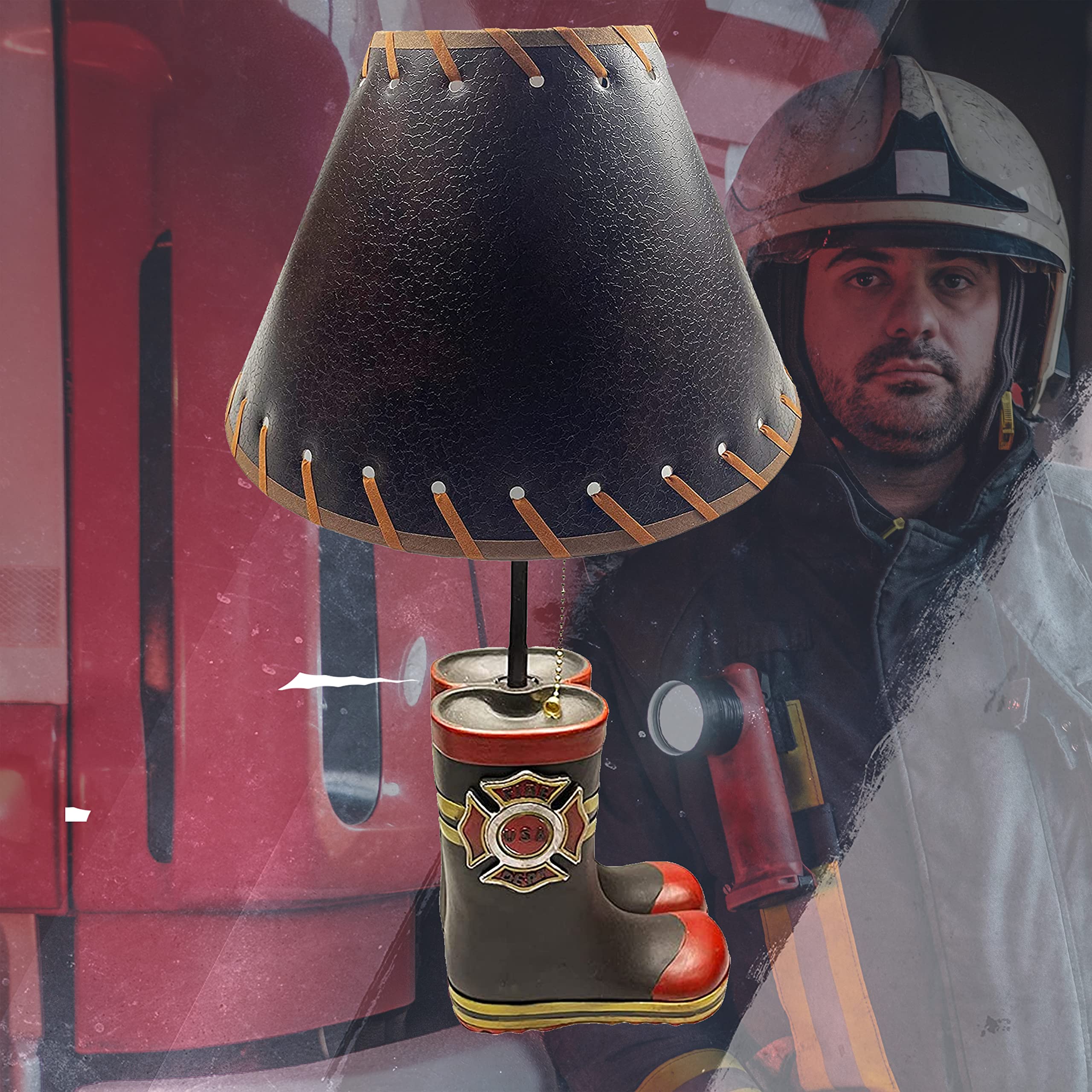 Urbalabs Western Fireman Fire Department Black & Yellow Fire Boot End Table Lamp - Nightstand & Living Room Decor, Bedroom & Office Lighting - Perfect for Cowboy, Firefighter Theme Rooms & Rustic Home Decor