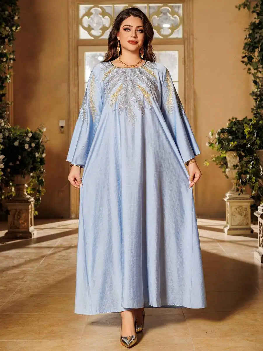 Elegant Eid Embroidered Hotfix Rhinestone Caftan Kaftan Dress for Women - Perfect for Holiday Parties, Weddings & Special Occasions