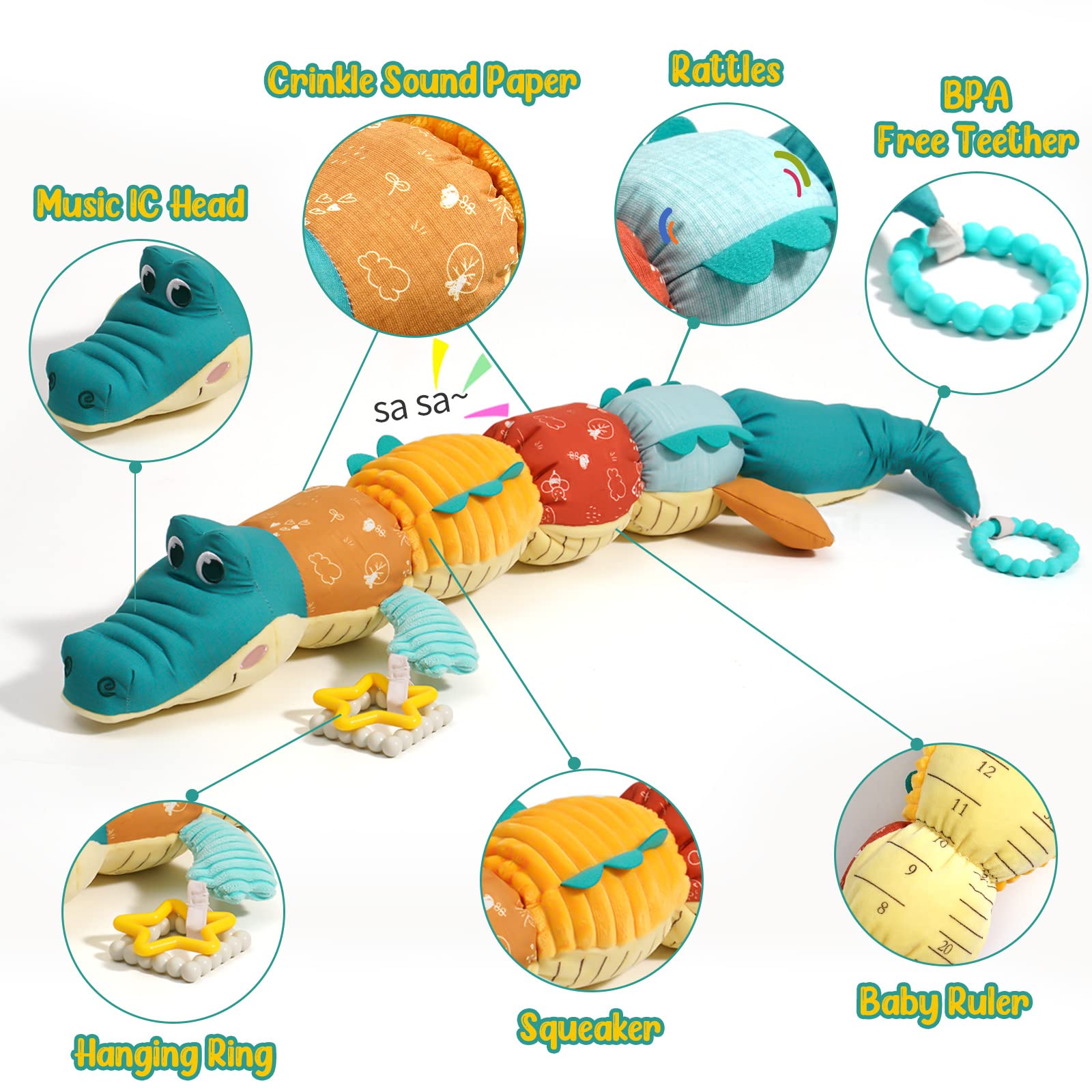 Best Tummy Time Toys for Babies 0-6 Months - Musical Stuffed Animal with Rattle, Multi-Textures & Ruler Design - Alligator & Crocodile Infant Toys for 0-12 Months - Perfect for Sensory Play, Early Development & Newborn Bonding