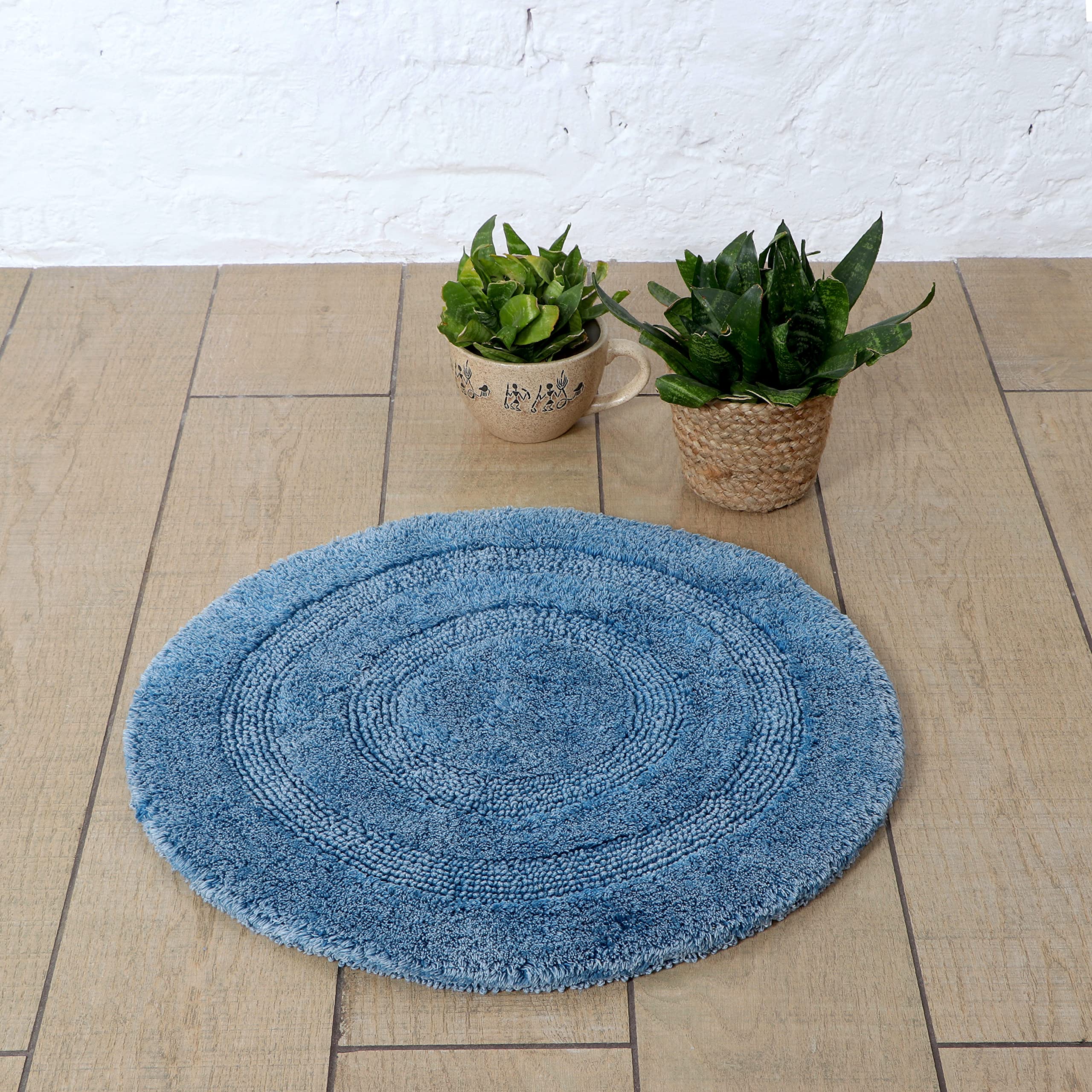 100% Organic Cotton Bathroom Rug - Ultra Soft, Water Absorbent, Reversible Round Bath Mat (2 Feet) - Premium Tufted Design for Tub, Shower & Toilet Floors - Washed Sapphire Blue - Perfect for Bathrooms, Spa Areas & Home Decor