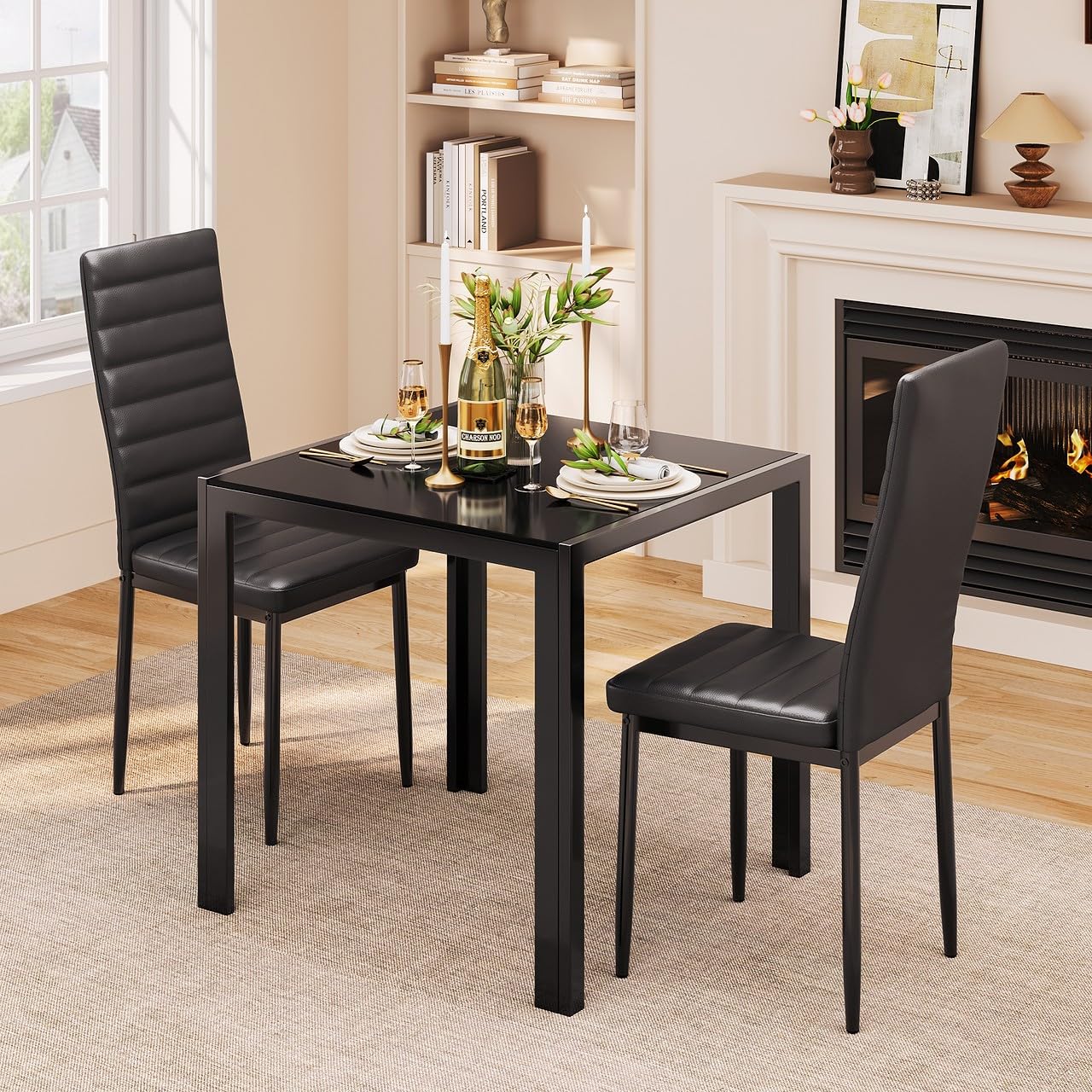 Gizoon 3-Piece Glass Dining Table Set with PU Leather Chairs, Modern Kitchen and Living Room Furniture for 2, Perfect for Small Spaces, Apartments, and Cozy Homes