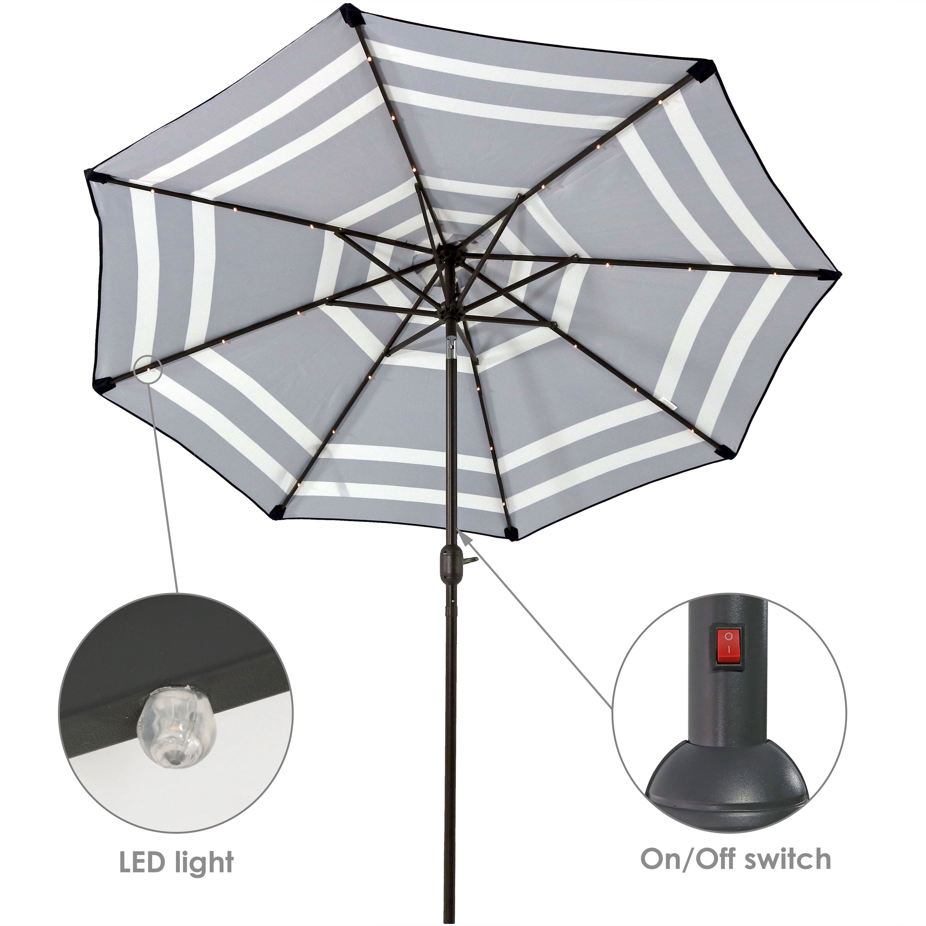Sunnydaze 9-Foot Striped Outdoor Patio Umbrella with Built-in Solar LED Lights - Perfect for Backyard, Poolside, and Beach Relaxation