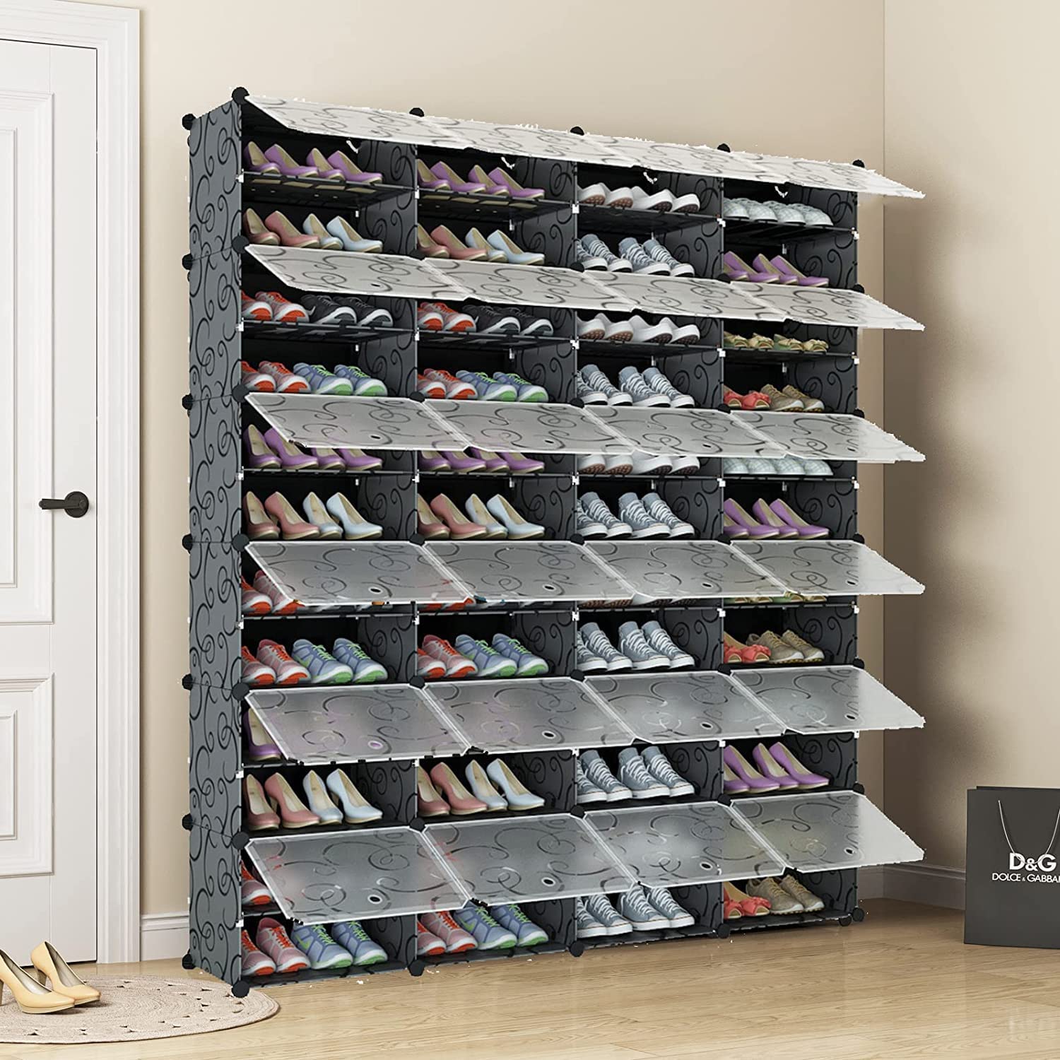 96 Pairs Expandable Stackable Shoe Rack Organizer - Space Saving Shoe Storage Cabinet with Hooks & Side Shelf for Entryway, Closet, Bedroom - Black (Perfect for Small Spaces & Home Organization)