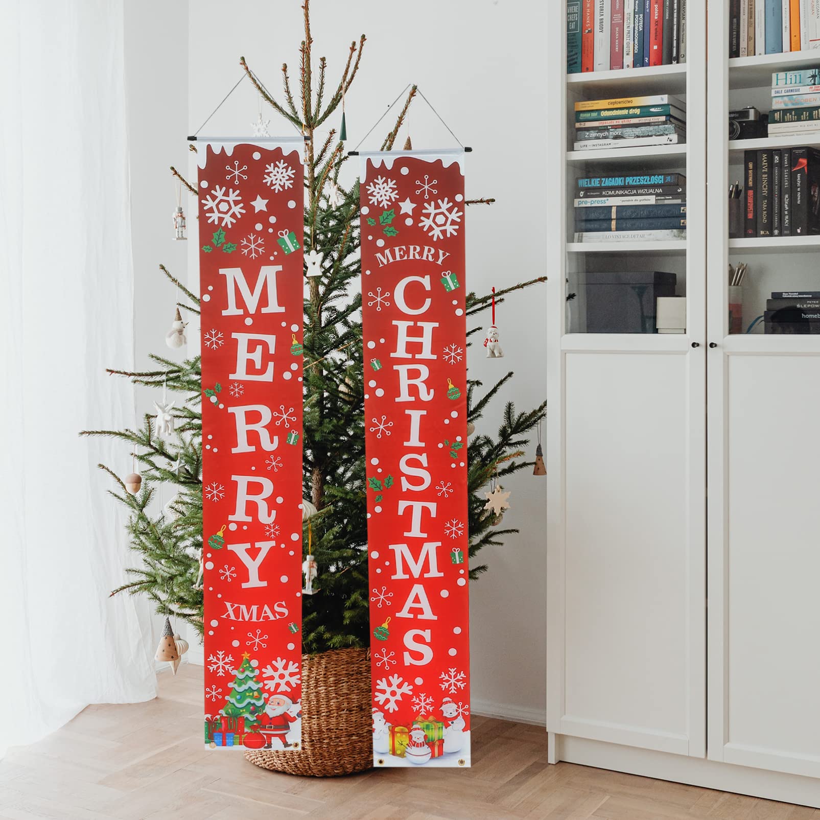 1 Pair Merry Christmas Banner Decor & Happy New Year Plaid Porch Sign - Holiday Door & Fireplace Decoration for Christmas Party & Home Decor