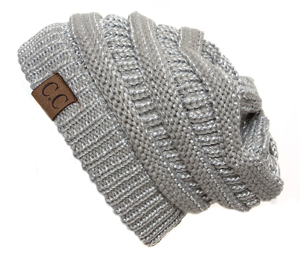 Metallic Silver Thick Knit Soft Stretch Beanie Cap - Warm Winter Hat for Men & Women - Perfect for Skiing, Snowboarding & Outdoor Activities
