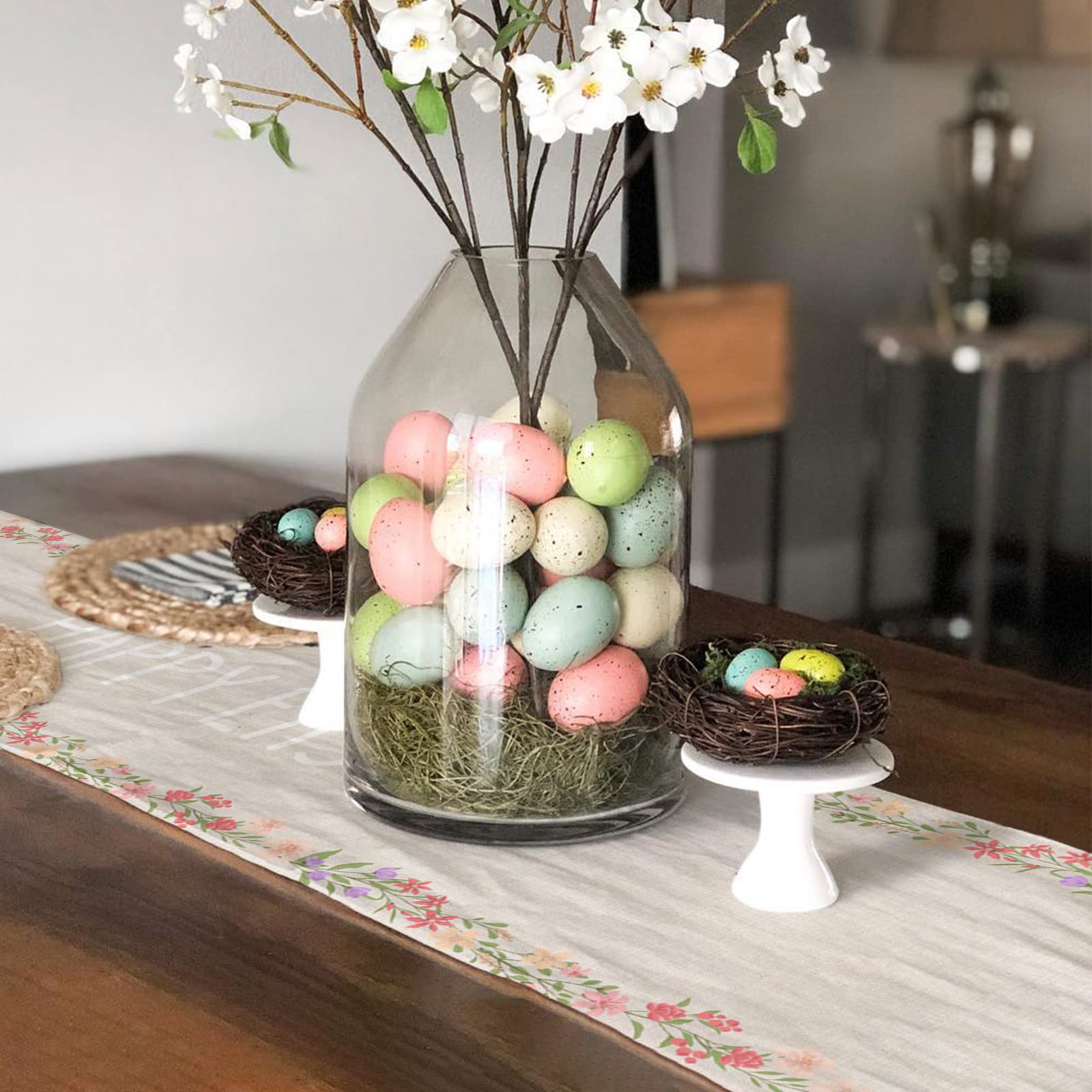 Easter Bunny Table Runner - 16x72 Inch Floral Spring Tablecloth Decor for Easter Party, Kitchen & Dining Room - Blue Pink Rustic Design with Easter Eggs - Perfect for Holiday Dinner & Spring Home Decorations
