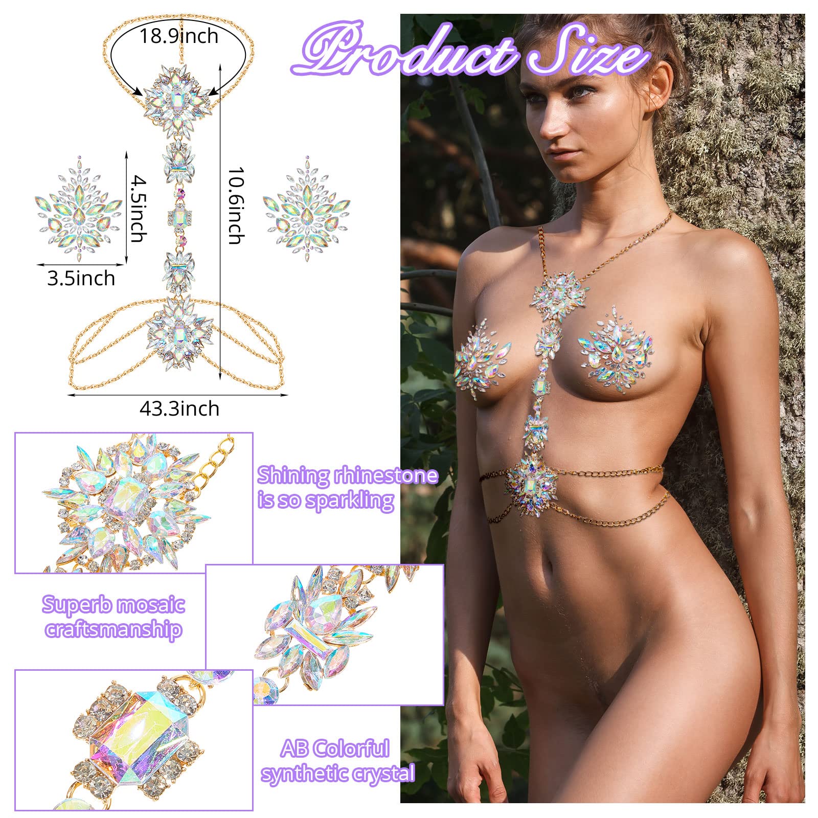 Boho Rhinestone Statement 2-Piece Adhesive Body Chain Jewelry Set for Women | Waterproof Chest Chain for Beach, Festival & Summer Outfits