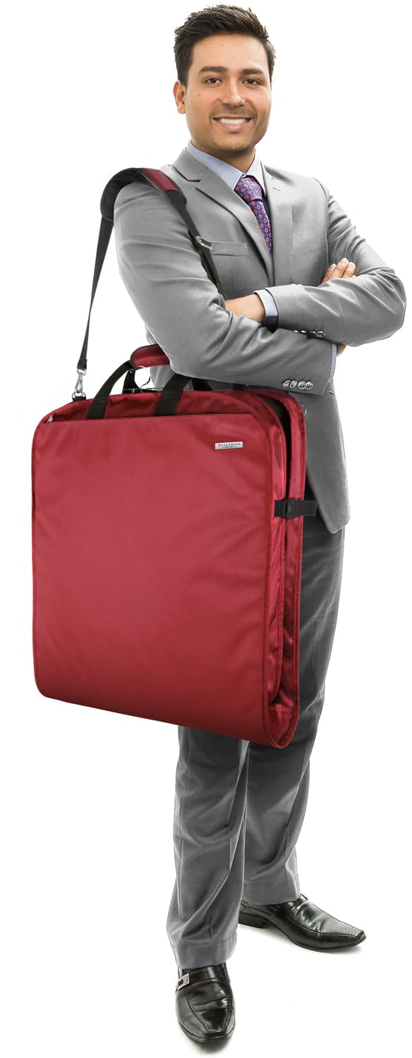 WallyBags Premium 42-inch Travel Garment Bag with Shoulder Strap & 2 Large Pockets - Red | Carry-on Suit Bag for Business Trips, Weddings & Formal Events