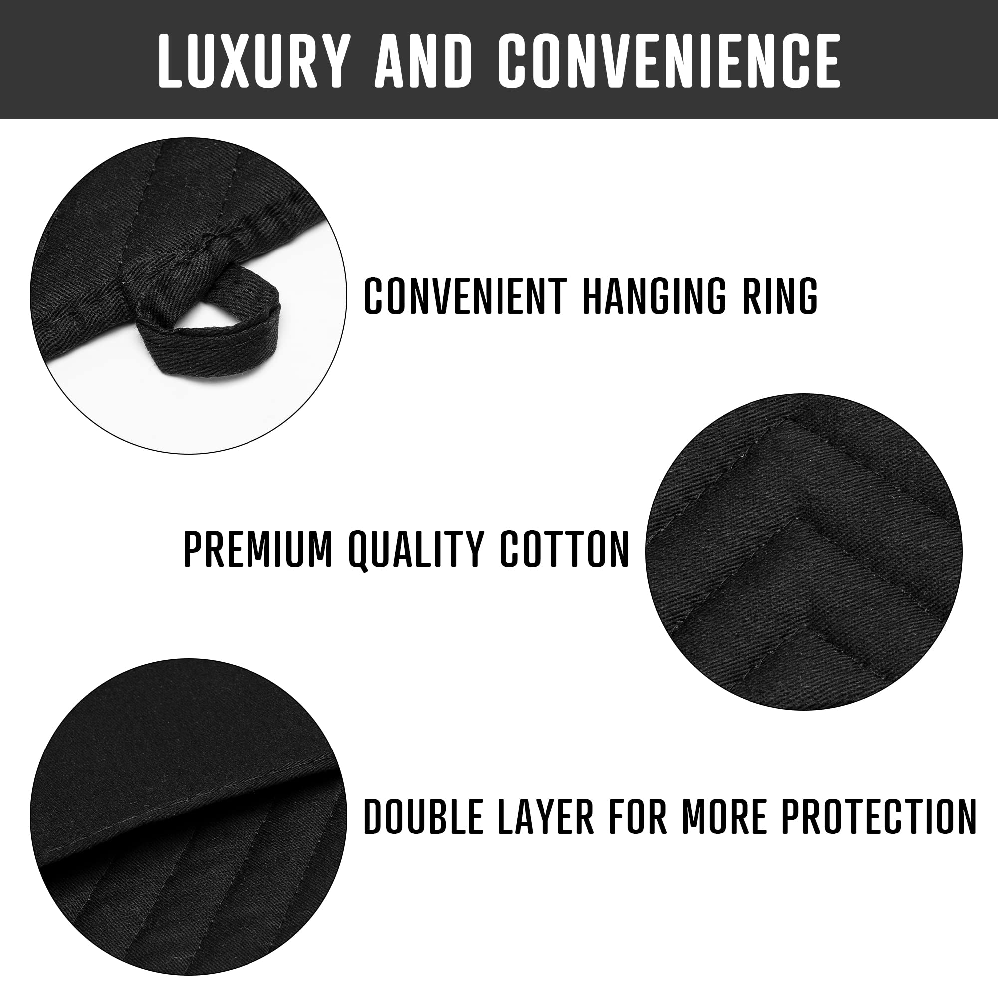 R HORSE 4-Piece Heat Resistant Oven Mitts Set with Cotton Lining - Black Kitchen Pot Holders, Cooking Gloves with Pockets & Hanging Loops - Perfect for Baking, Grilling, Roasting & Everyday Kitchen Use