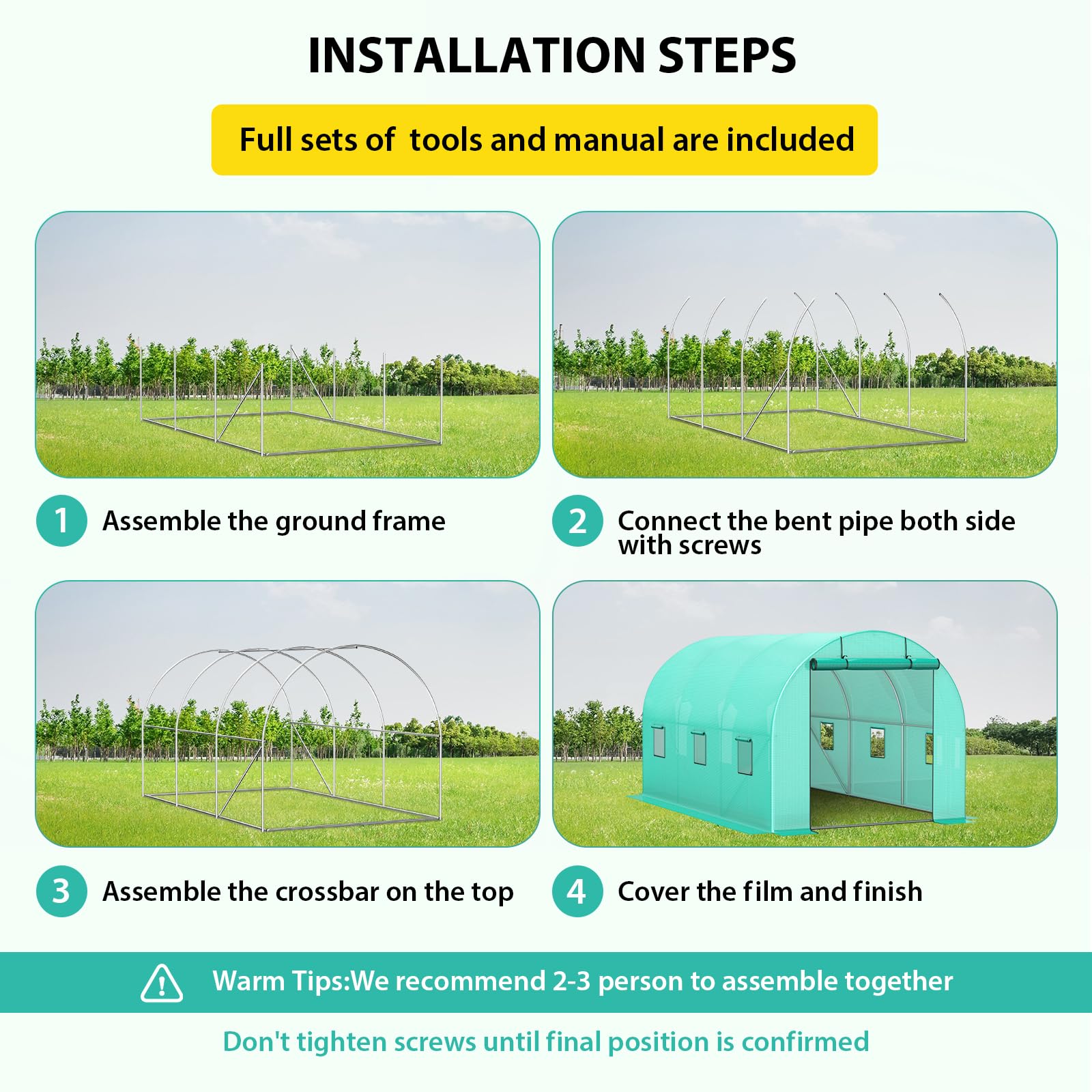 GARVEE 13'x8'x7' Walk In Greenhouse Tunnel with Galvanized Steel Frame - 140g/m² PE Cover, Roll-Up Zipper Door & 6 Vent Windows | Durable Hoop House for Gardening, Plant Protection & Year-Round Growing | Perfect for Backyards, Urban Farming & Hobby Gardeners