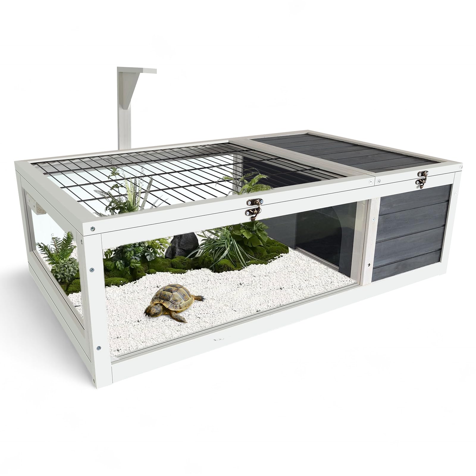 Premium Wooden Tortoise Habitat with Lamp Holder & 2 Leak-Proof Trays - Large Turtle Enclosure with Openable Lids - Indoor/Outdoor Reptile House for Tortoises & Small Reptiles - Perfect for Backyard, Garden, or Terrarium Setup