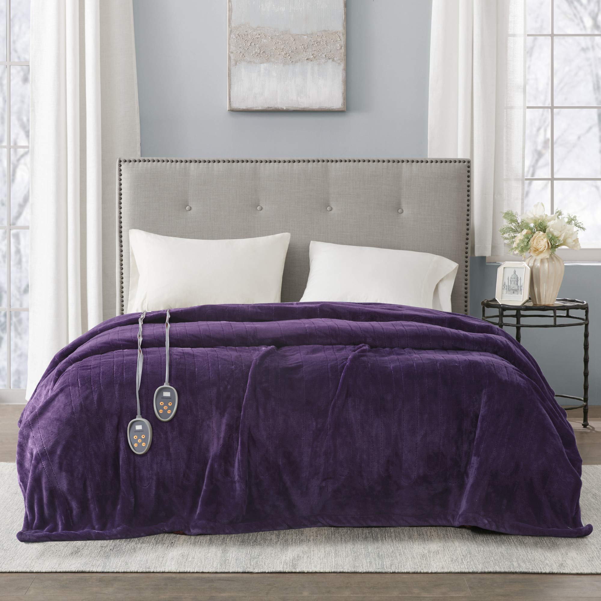 Beautyrest Electric Heated Blanket for Winter - Fast Heating, Auto Shut Off, Ultra-Low EMF, 10 Heat Settings, UL Certified, Purple Twin Size (84