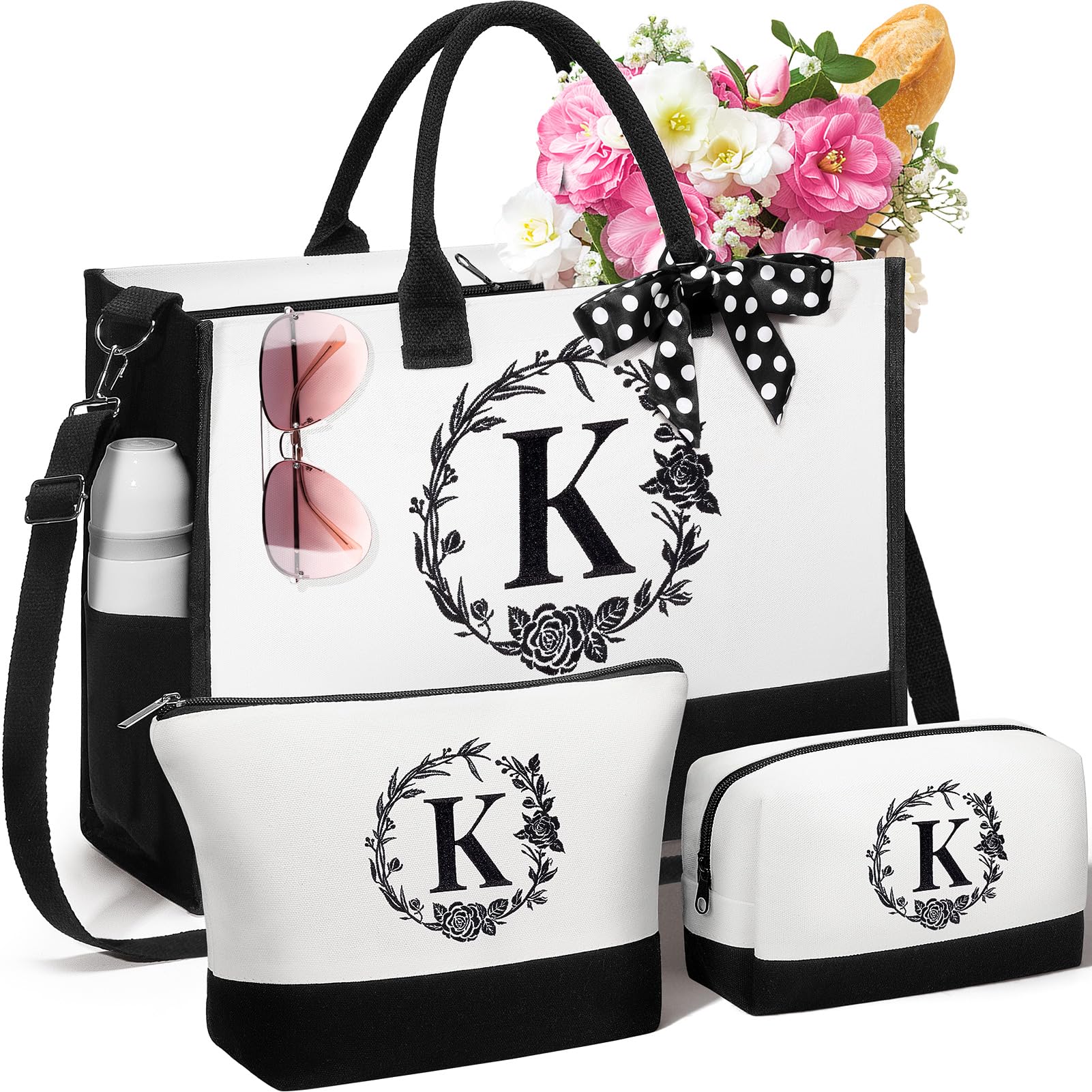 Personalized Monogrammed Canvas Tote Bag & Makeup Bag - Custom Initial Beach Tote for Women | Valentine's Day, Birthday Gift for Her, Girlfriend, Wife, Mom, Sister, Daughter | Perfect for Travel, Shopping & Beach Outings