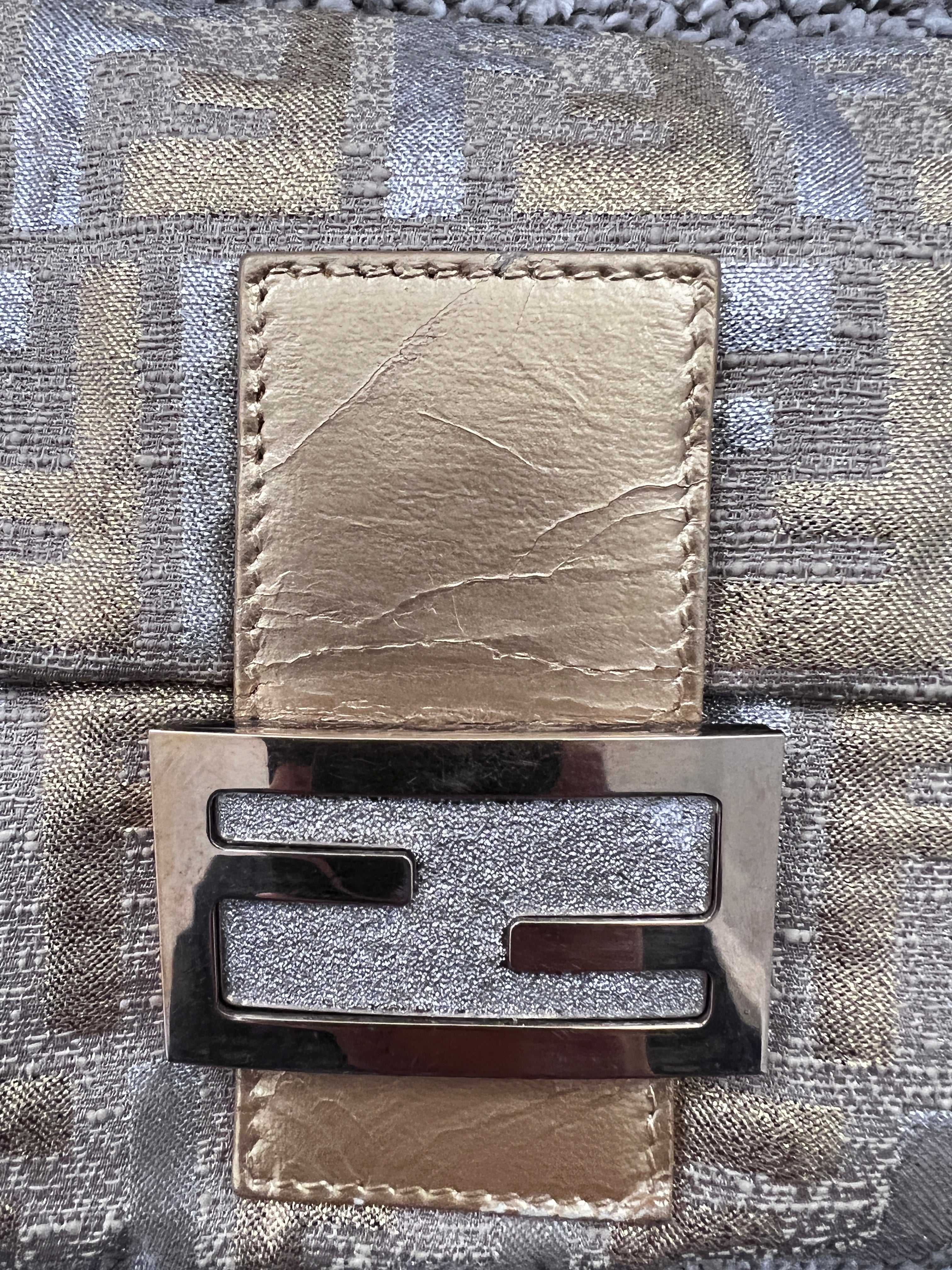 Fendi Golden & Silver Embroidered Zucca Baguette Bag - Luxury Designer Crossbody Purse for Women, Perfect for Parties, Weddings & Evening Events